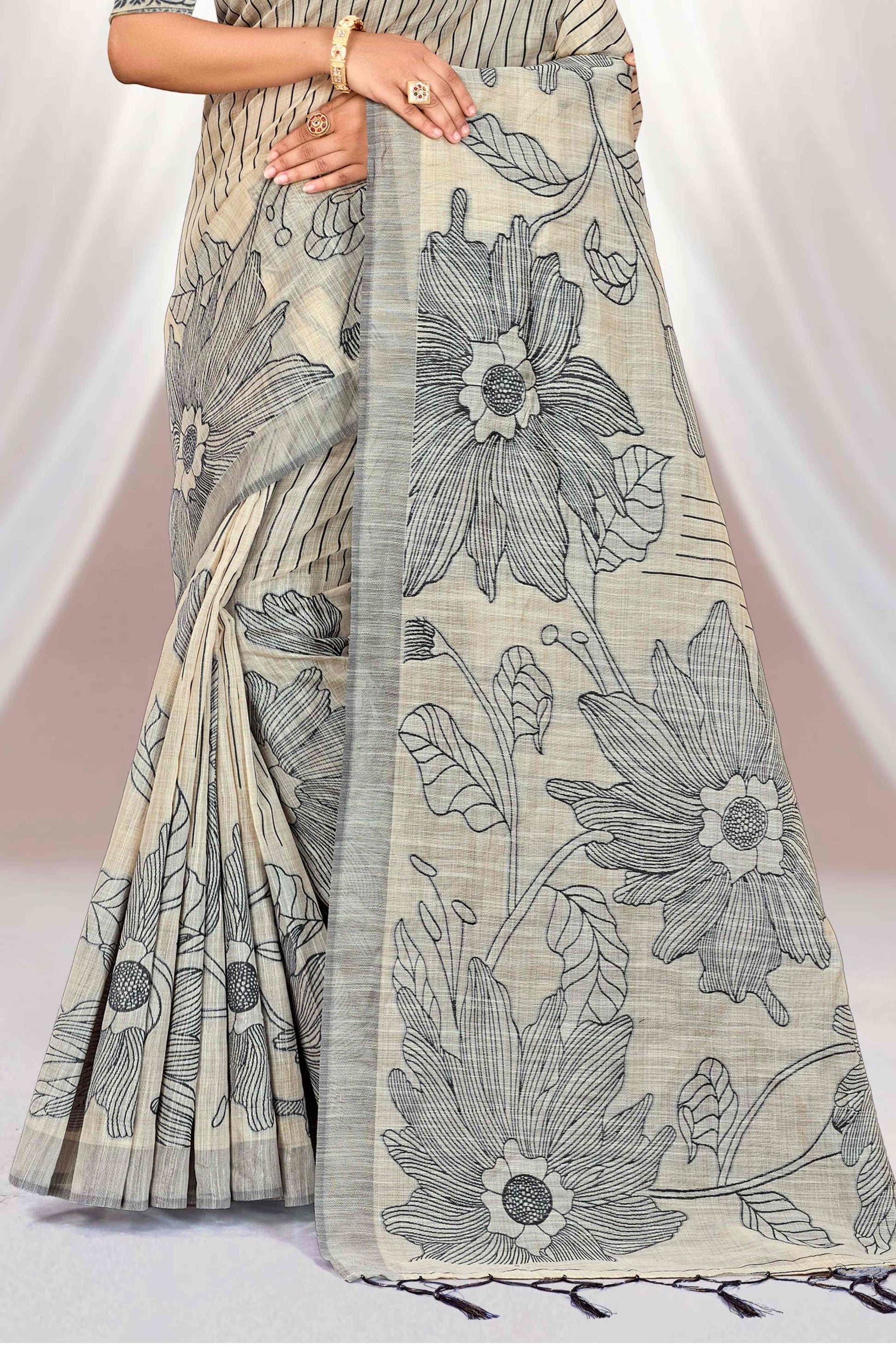 Sangam Prints Grey Cotton Blend Woven Work Traditional Saree