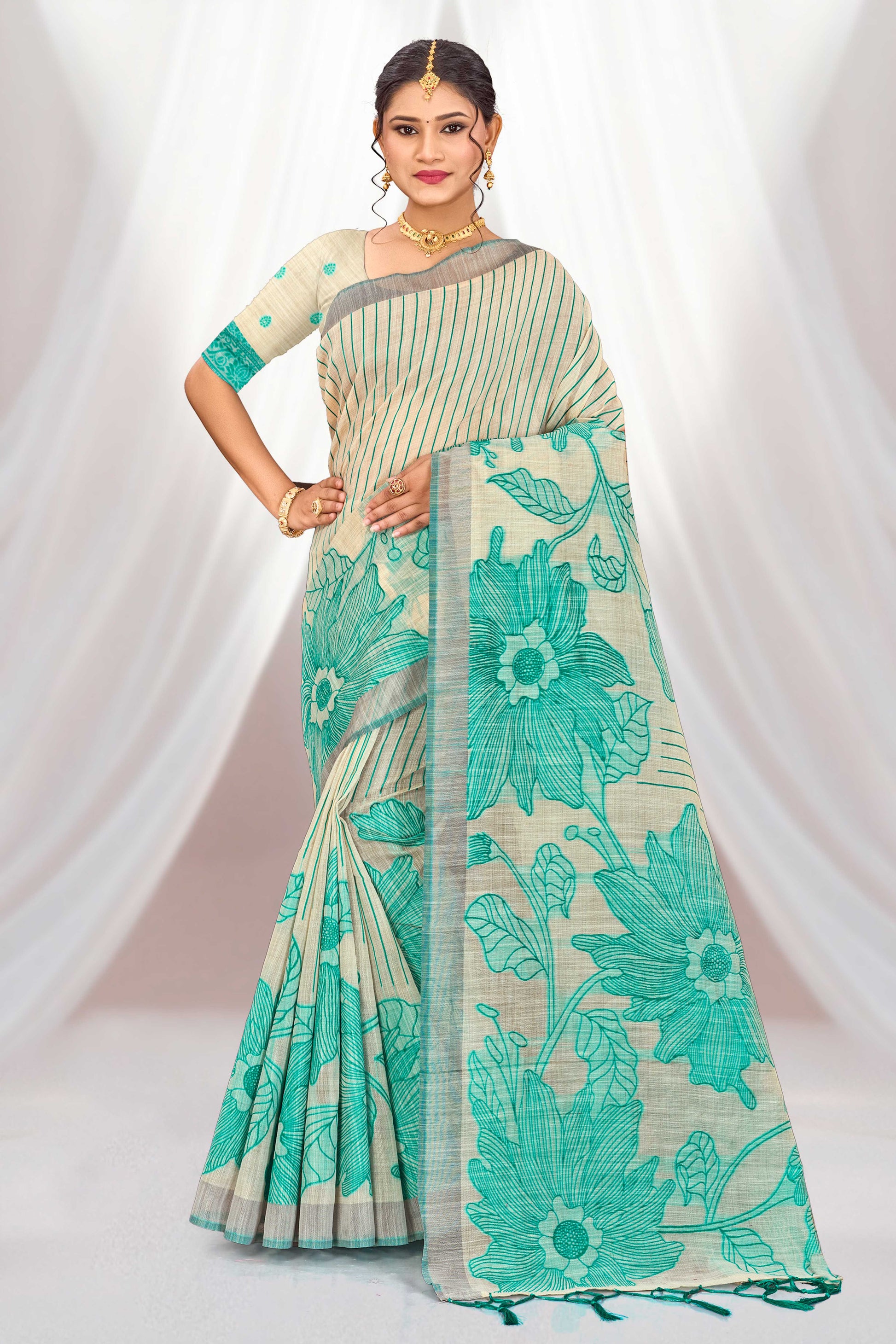Sangam Prints Aqua Green Cotton Blend Woven Work Traditional Saree