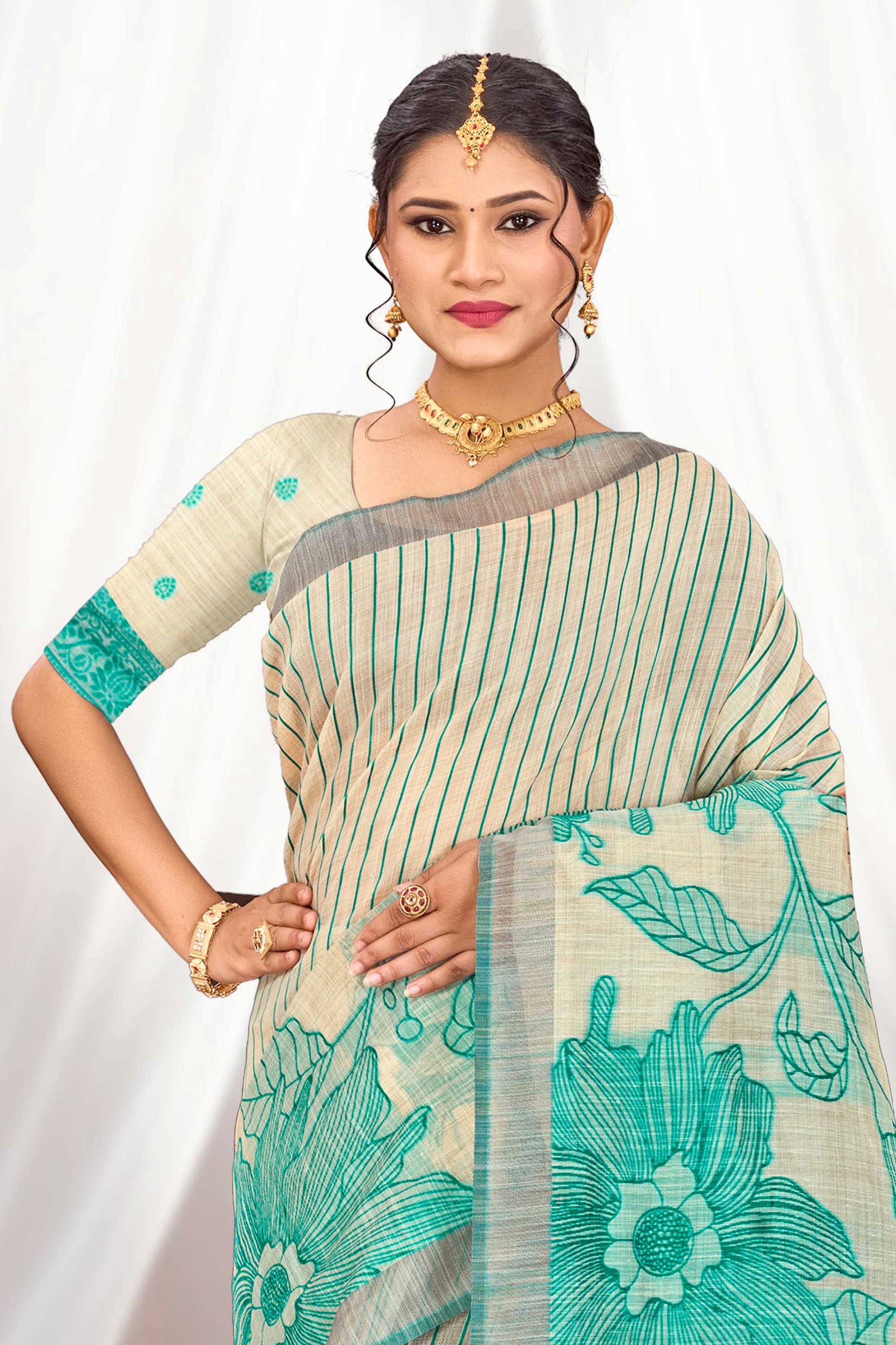 Sangam Prints Aqua Green Cotton Blend Woven Work Traditional Saree