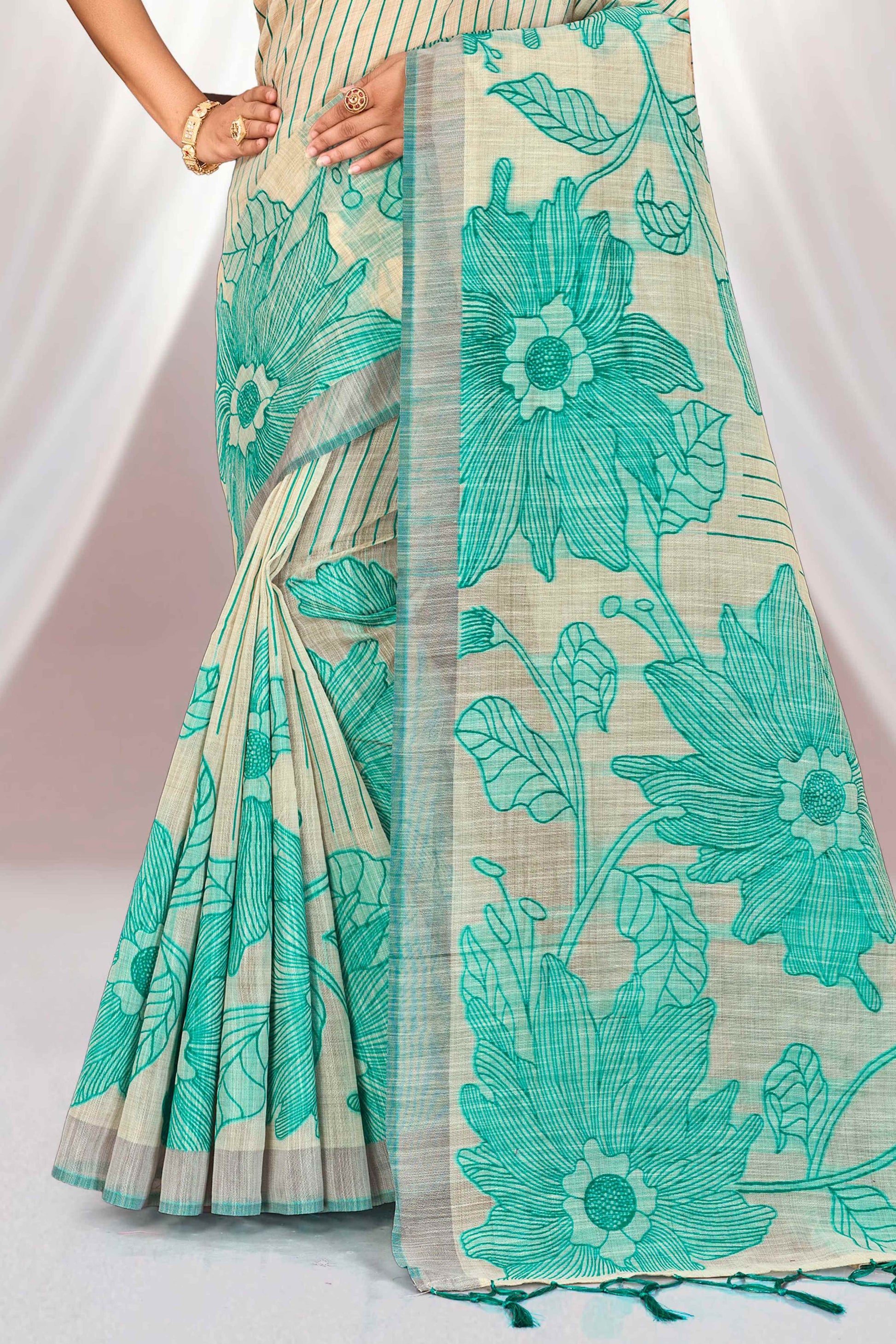 Sangam Prints Aqua Green Cotton Blend Woven Work Traditional Saree