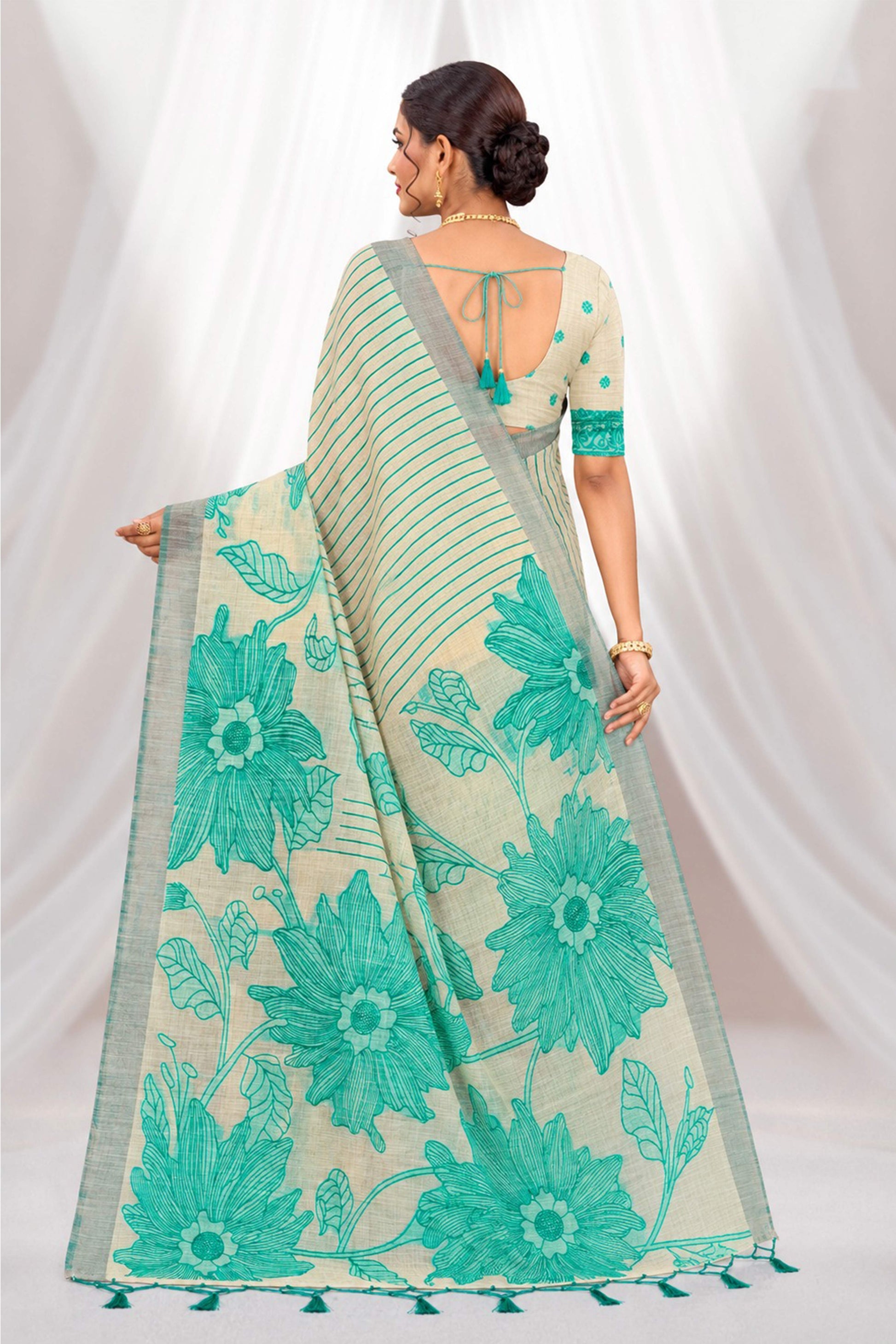 Sangam Prints Aqua Green Cotton Blend Woven Work Traditional Saree