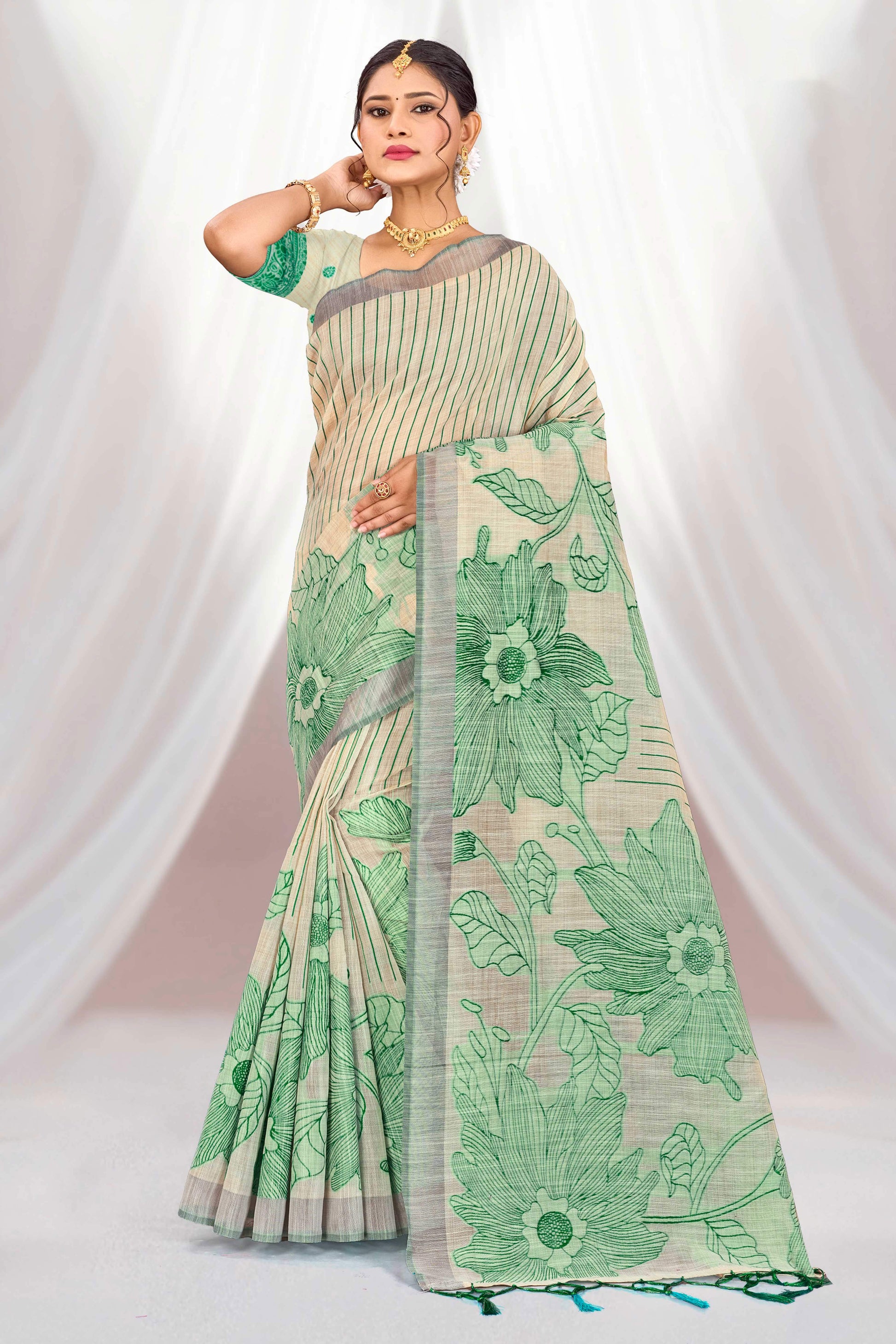Sangam Prints Green Cotton Blend Woven Work Traditional Saree