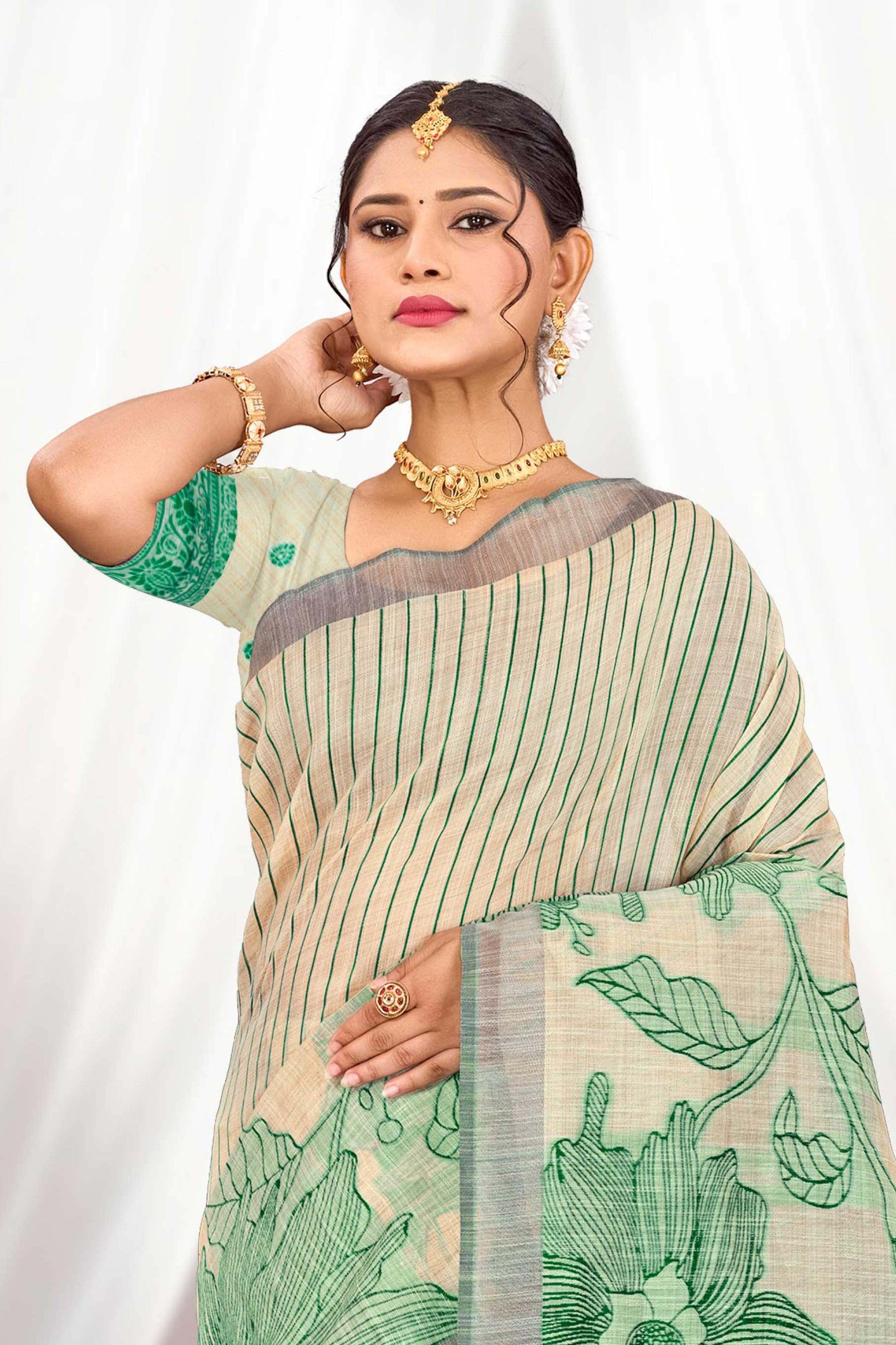 Sangam Prints Green Cotton Blend Woven Work Traditional Saree