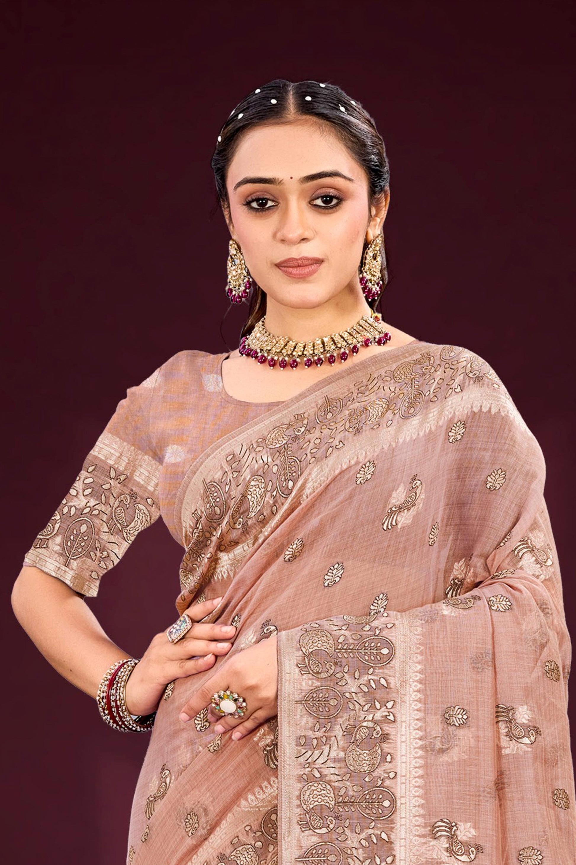 Sangam Prints Dusty Rose Cotton Blend Woven Work Traditional Saree