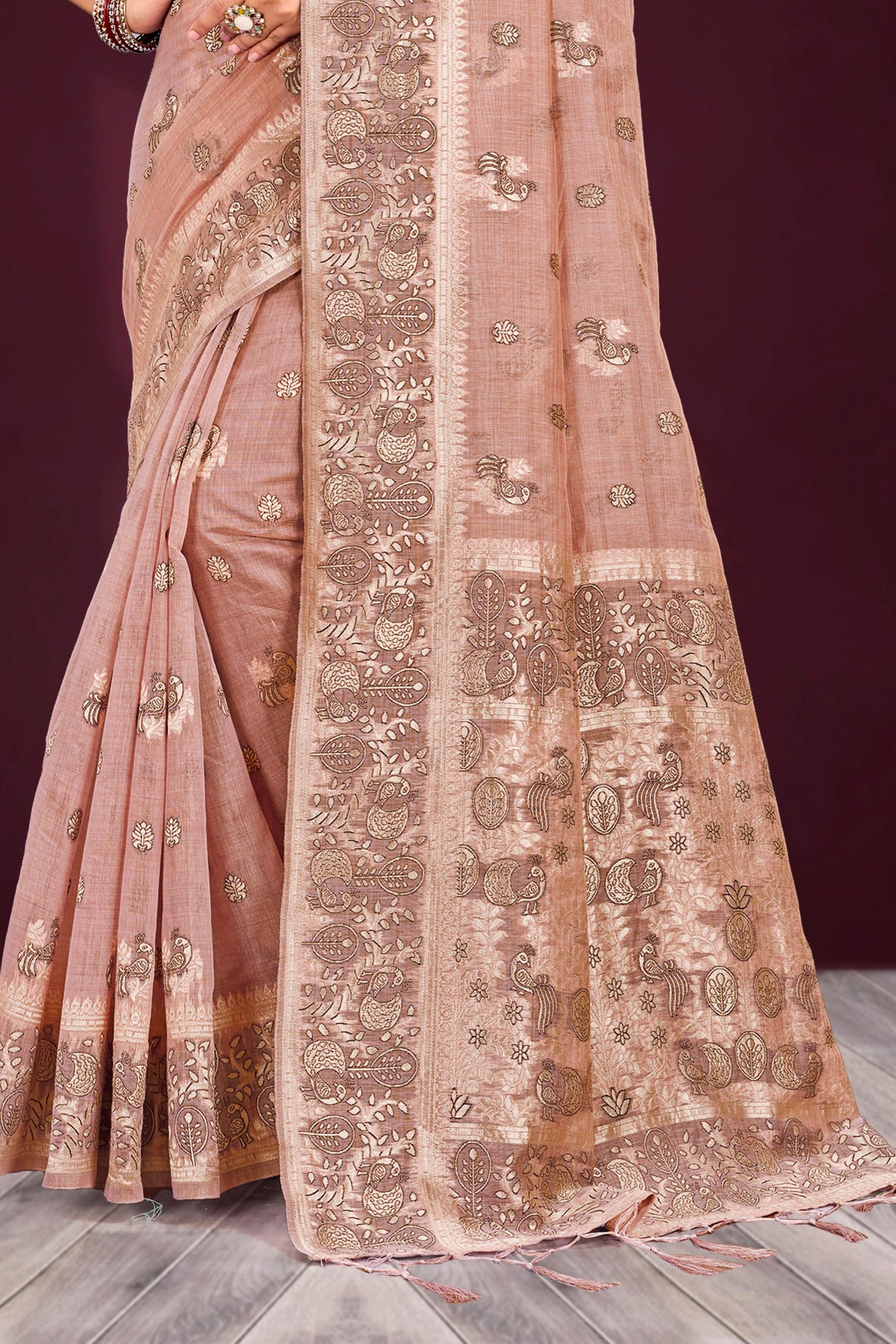 Sangam Prints Dusty Rose Cotton Blend Woven Work Traditional Saree