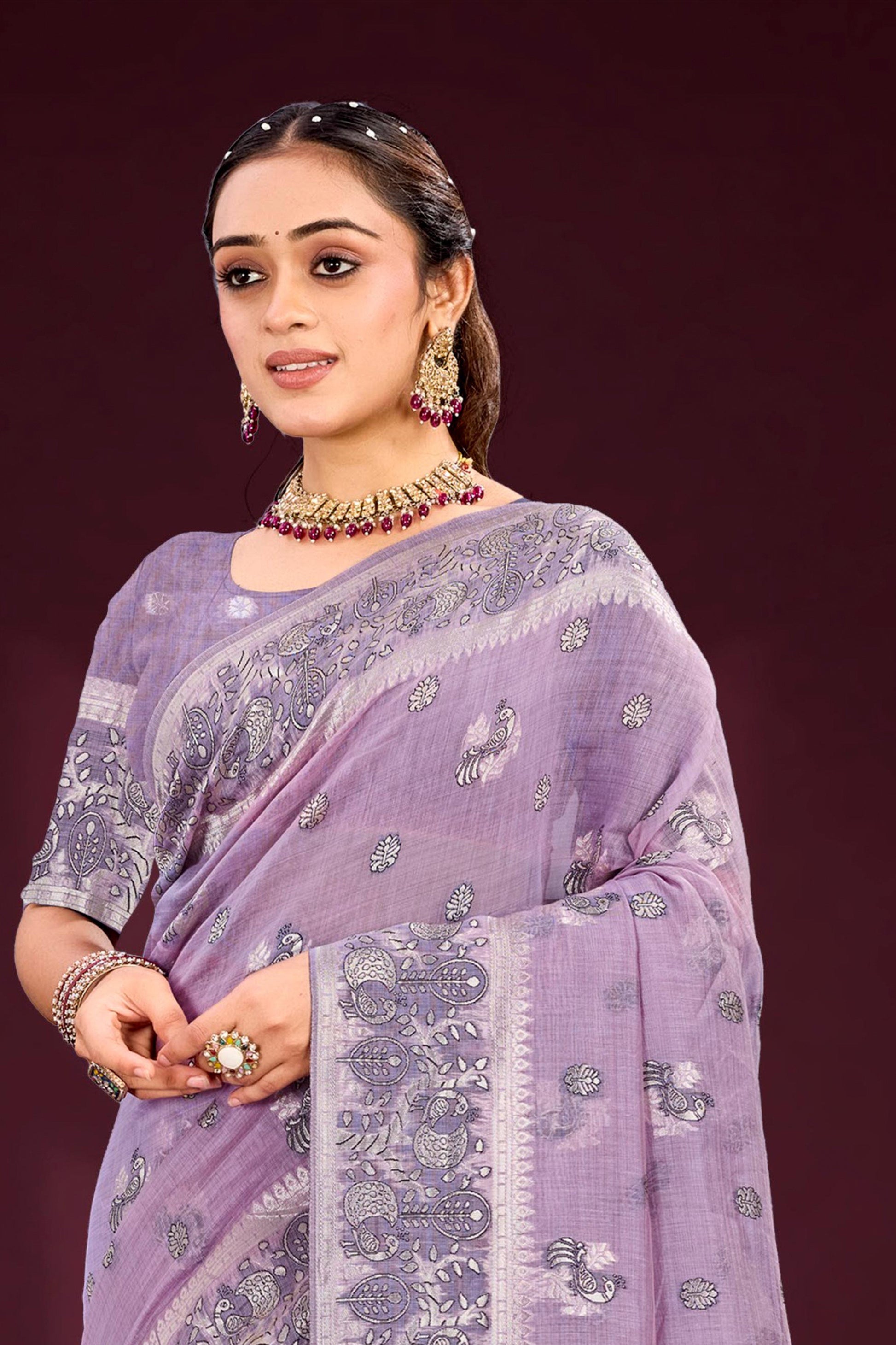 Sangam Prints Lavender Cotton Blend Woven Work Traditional Saree