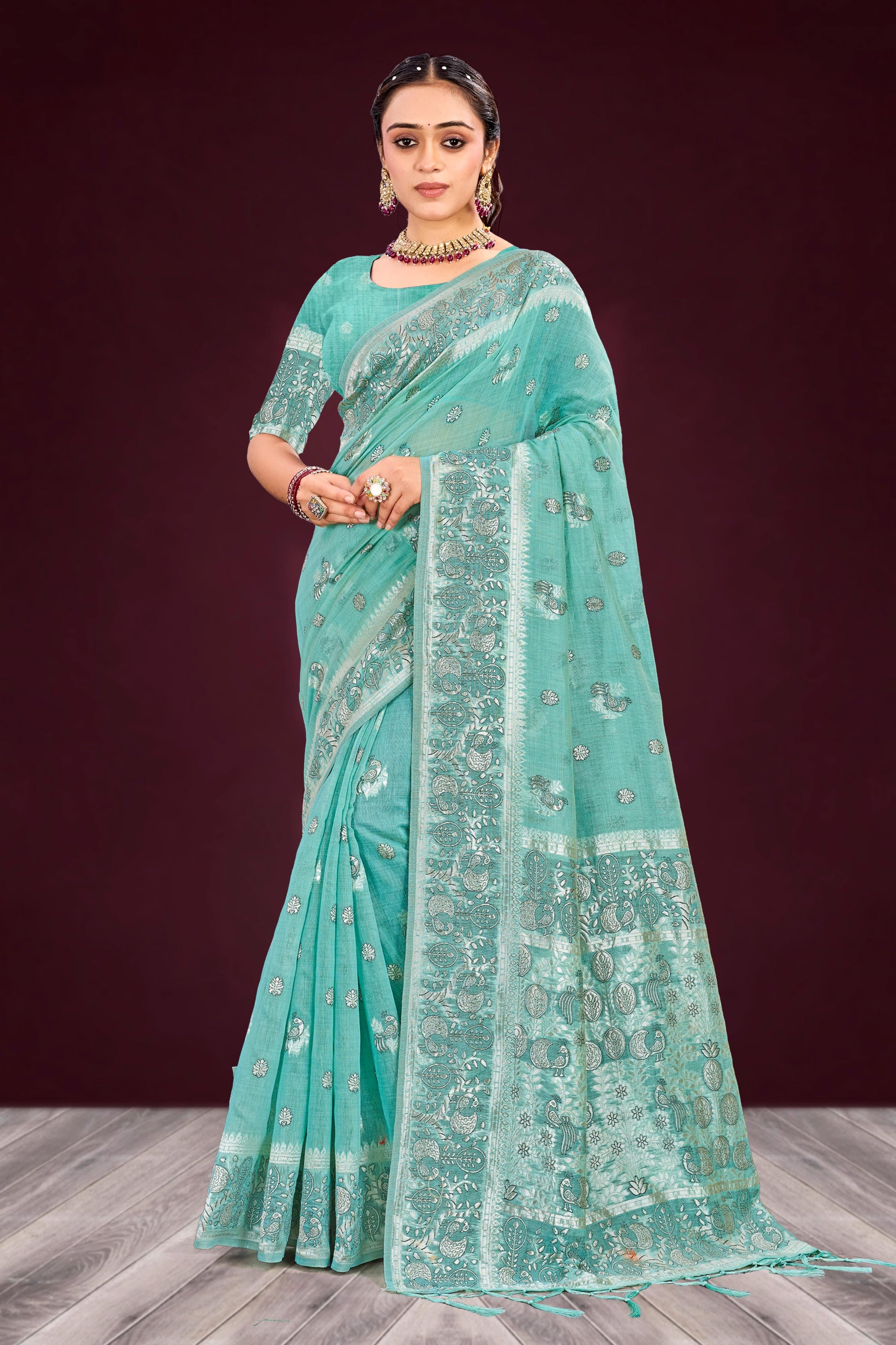 Sangam Prints Aqua Mint Green Cotton Blend Woven Work Traditional Saree