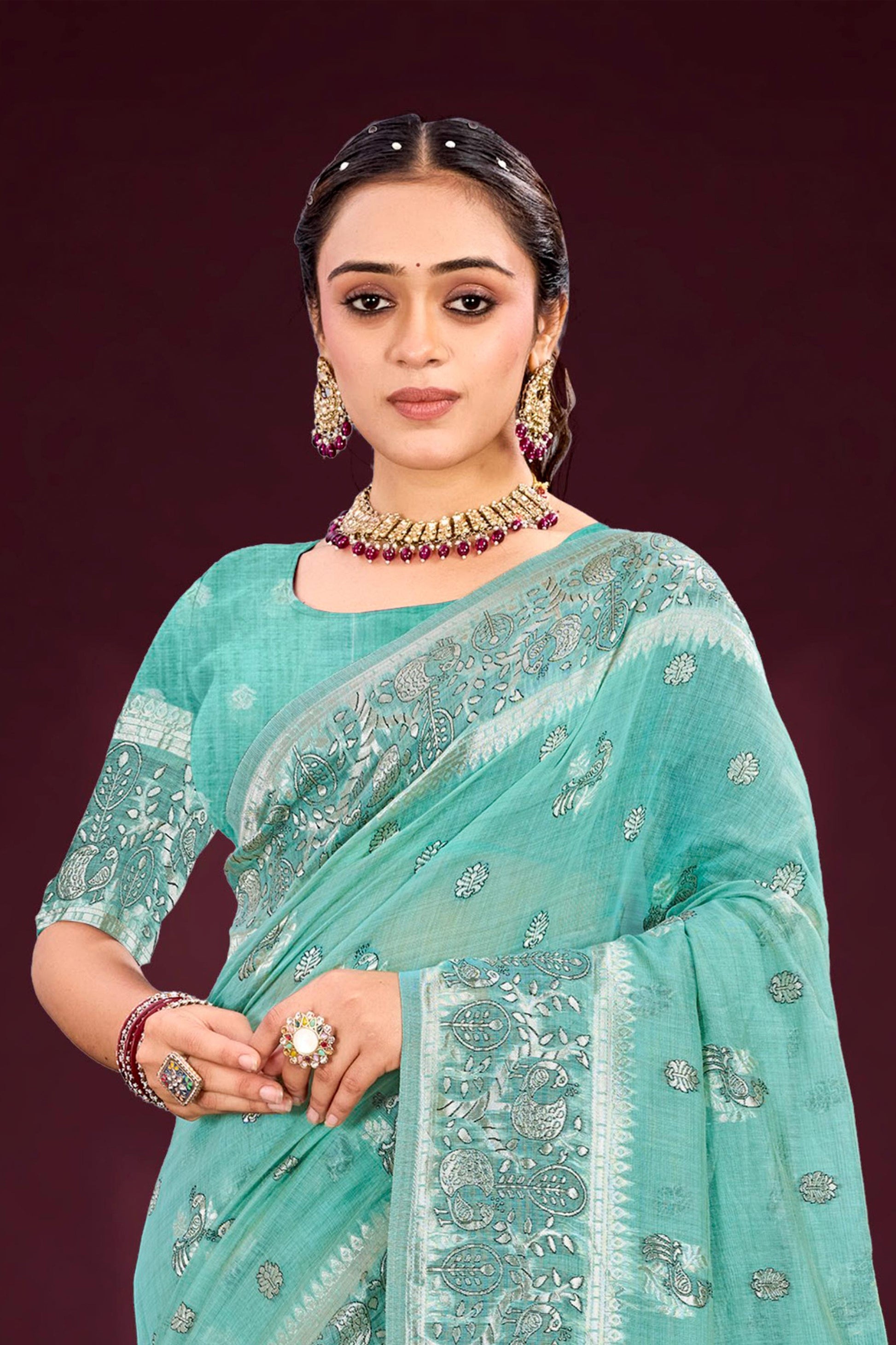 Sangam Prints Aqua Mint Green Cotton Blend Woven Work Traditional Saree