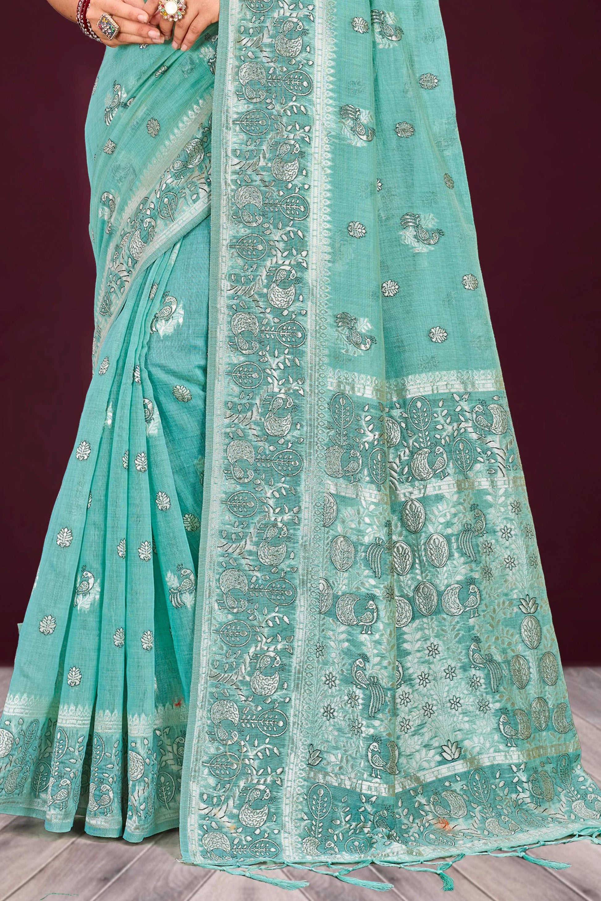 Sangam Prints Aqua Mint Green Cotton Blend Woven Work Traditional Saree