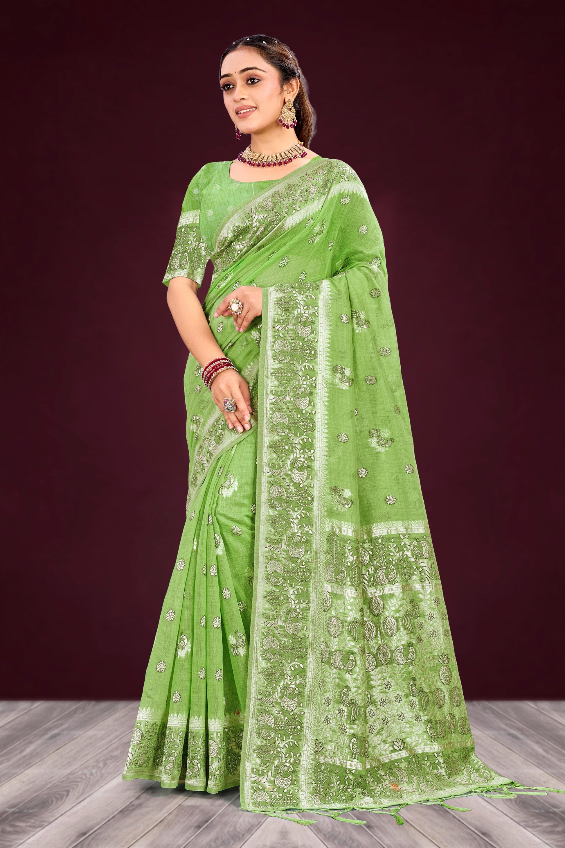 Sangam Prints Leaf Green Cotton Blend Woven Work Traditional Saree