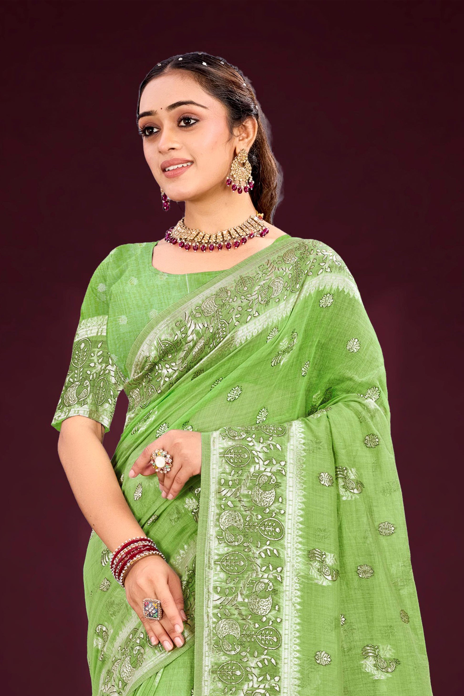 Sangam Prints Leaf Green Cotton Blend Woven Work Traditional Saree