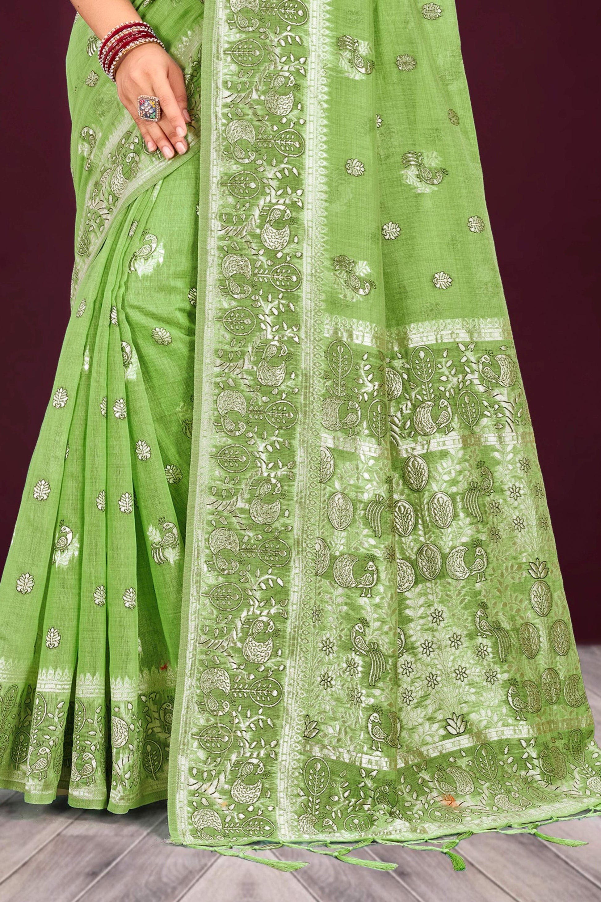 Sangam Prints Leaf Green Cotton Blend Woven Work Traditional Saree