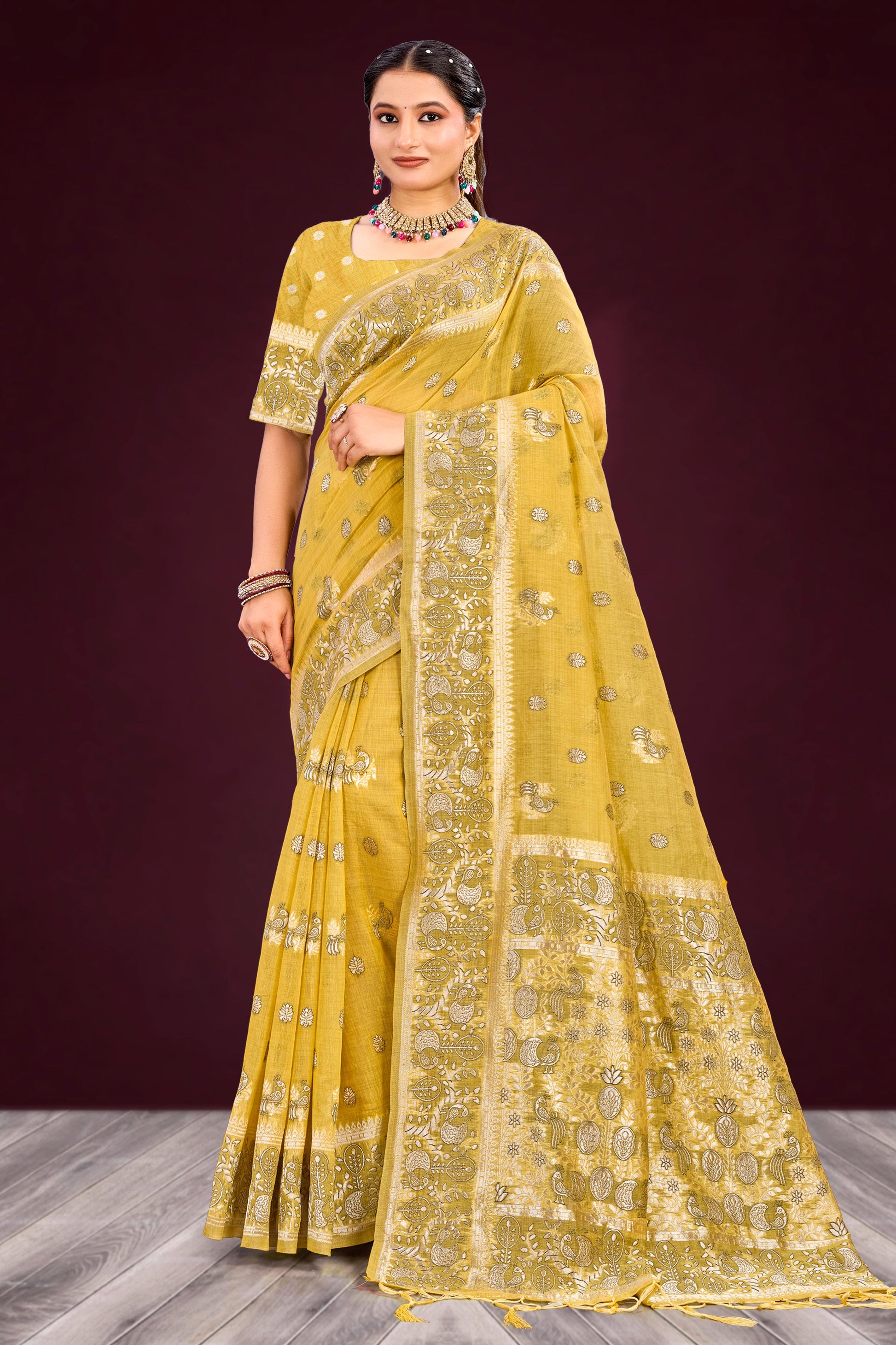 Sangam Prints Mustard Yellow Cotton Blend Woven Work Traditional Saree