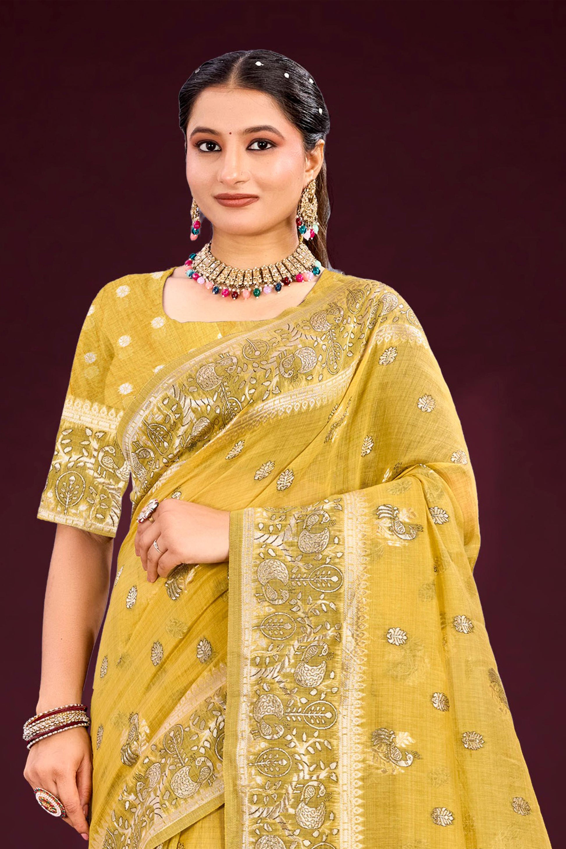 Sangam Prints Mustard Yellow Cotton Blend Woven Work Traditional Saree