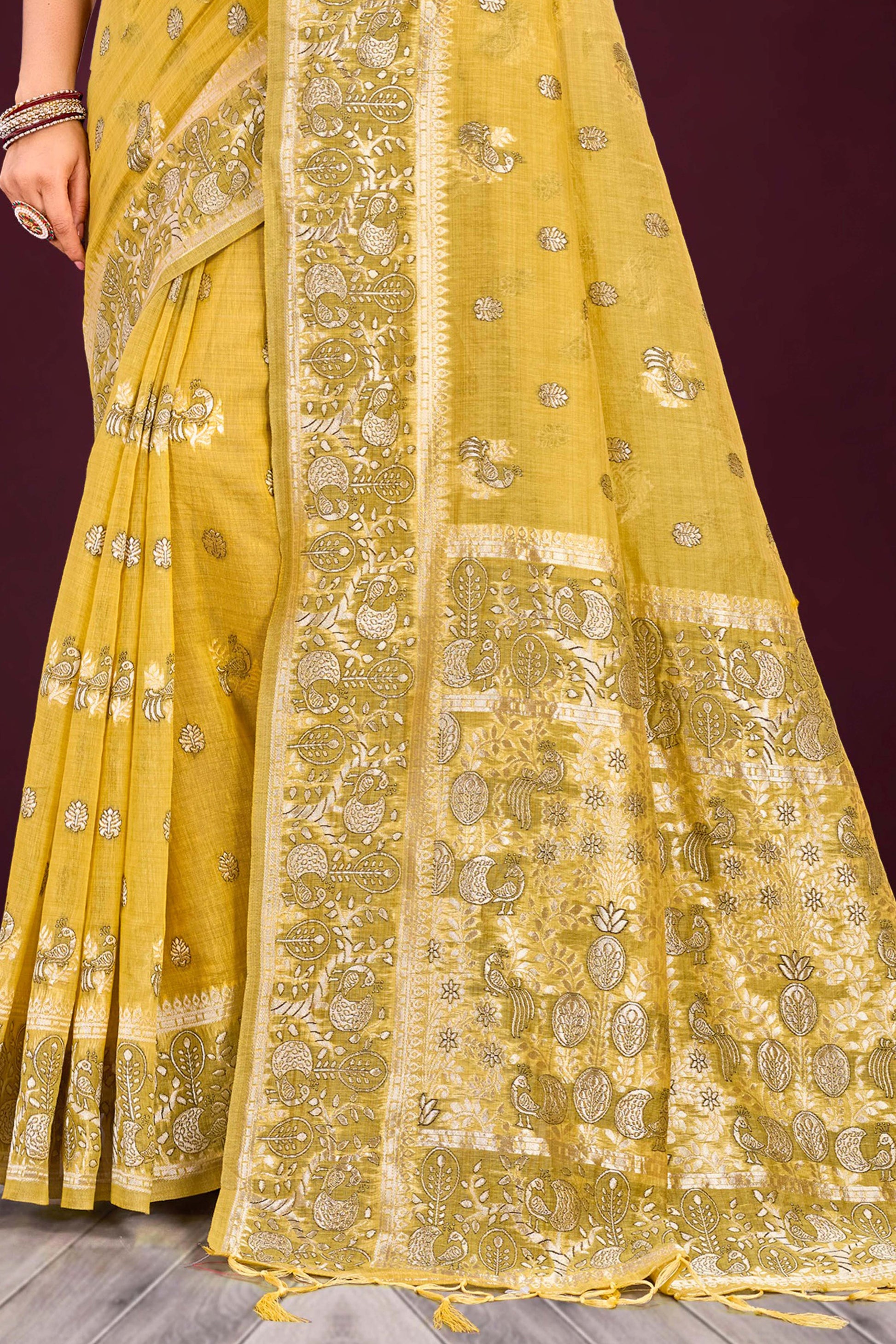 Sangam Prints Mustard Yellow Cotton Blend Woven Work Traditional Saree