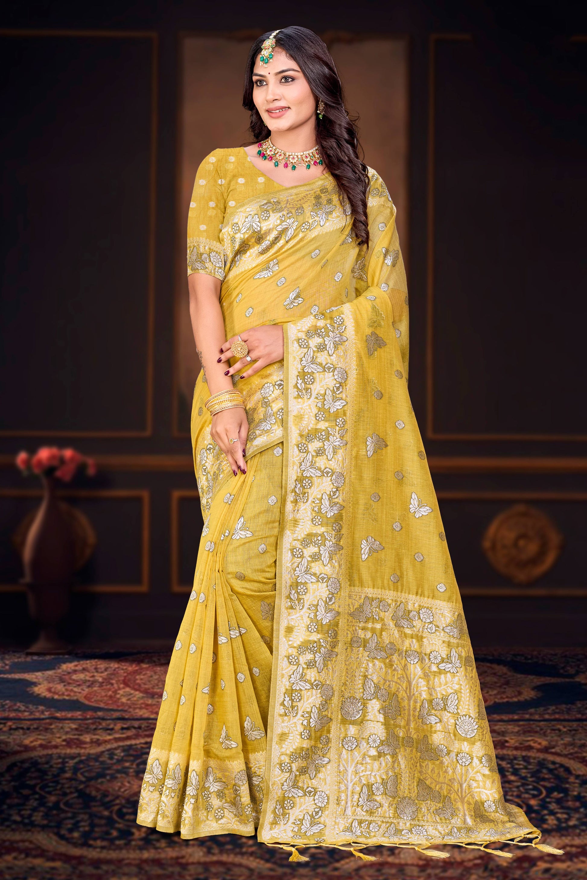 Sangam Prints Mustard Yellow Cotton Blend Woven Work Traditional Saree