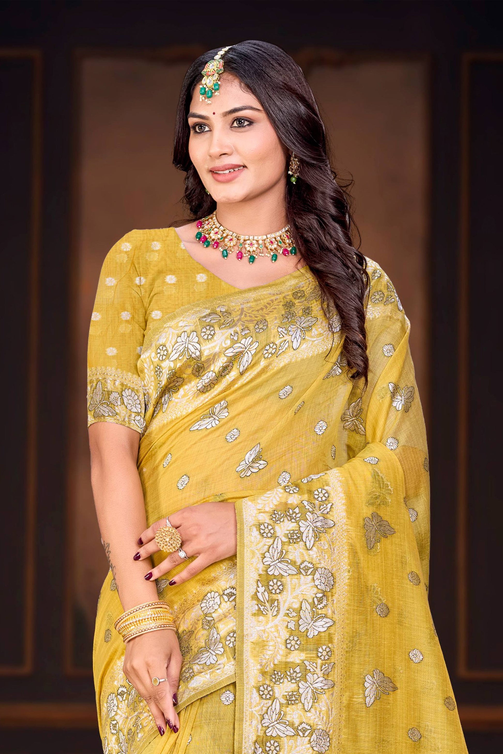 Sangam Prints Mustard Yellow Cotton Blend Woven Work Traditional Saree