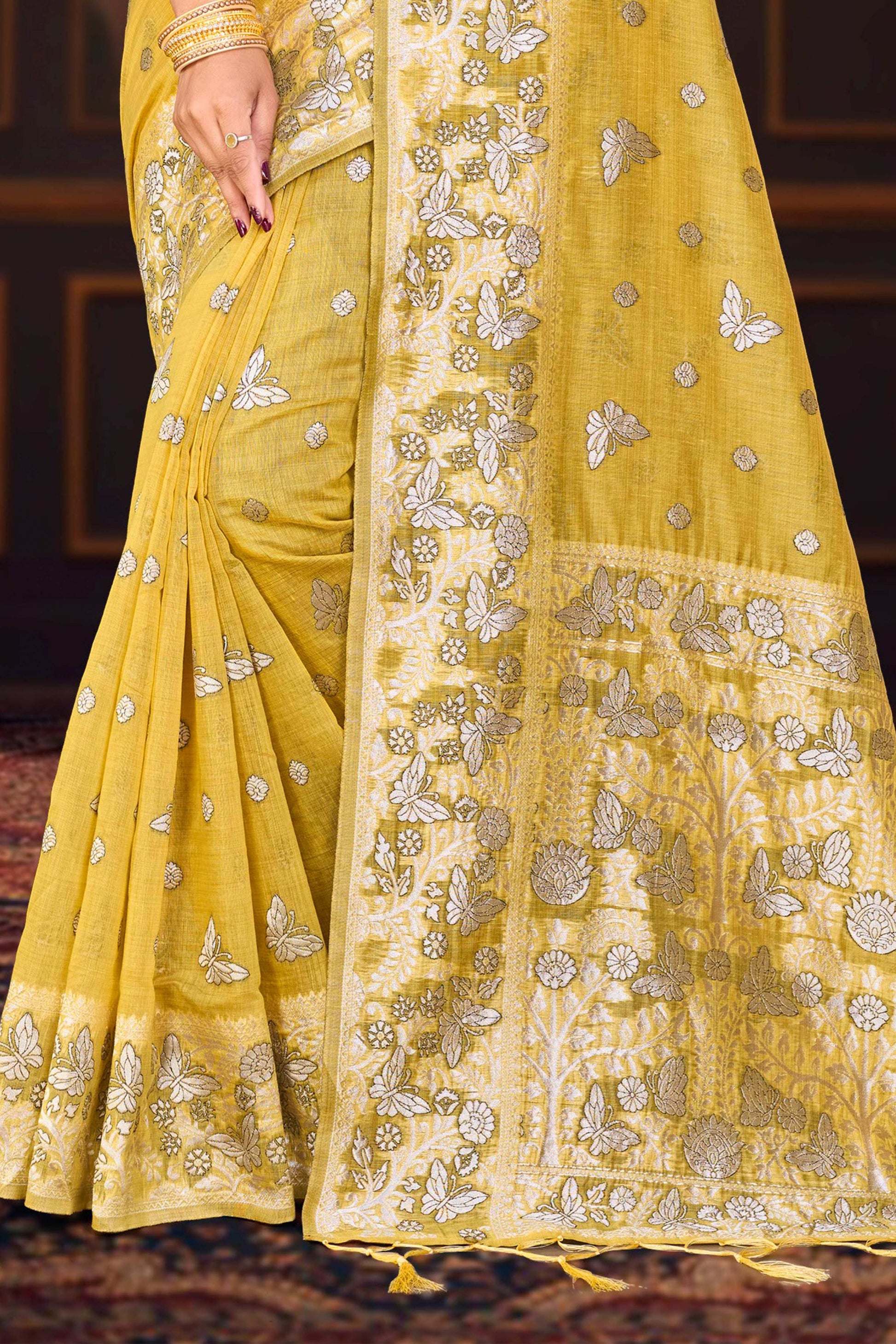 Sangam Prints Mustard Yellow Cotton Blend Woven Work Traditional Saree