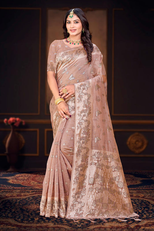 Sangam Prints Dusty Rose Cotton Blend Woven Work Traditional Saree