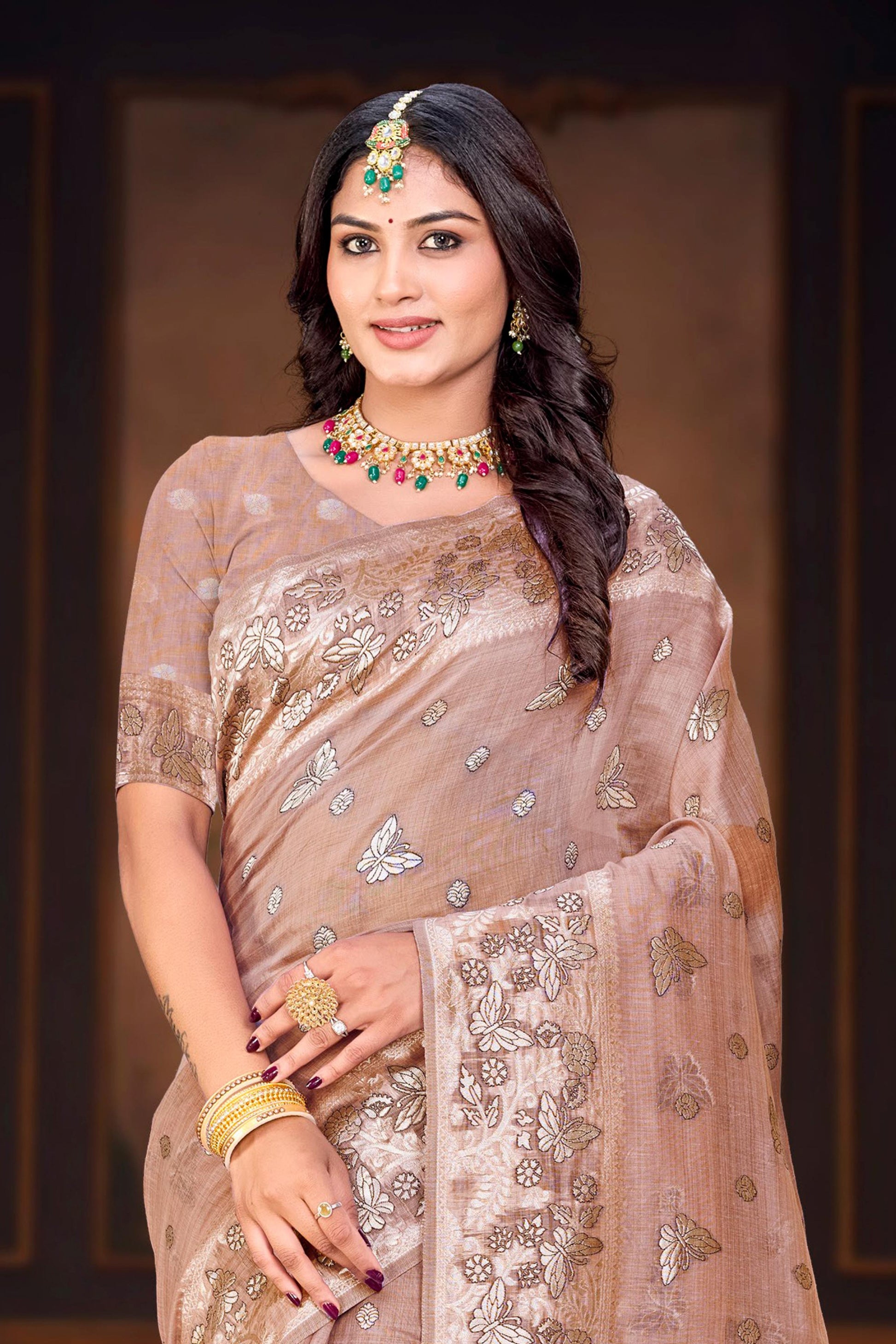 Sangam Prints Dusty Rose Cotton Blend Woven Work Traditional Saree