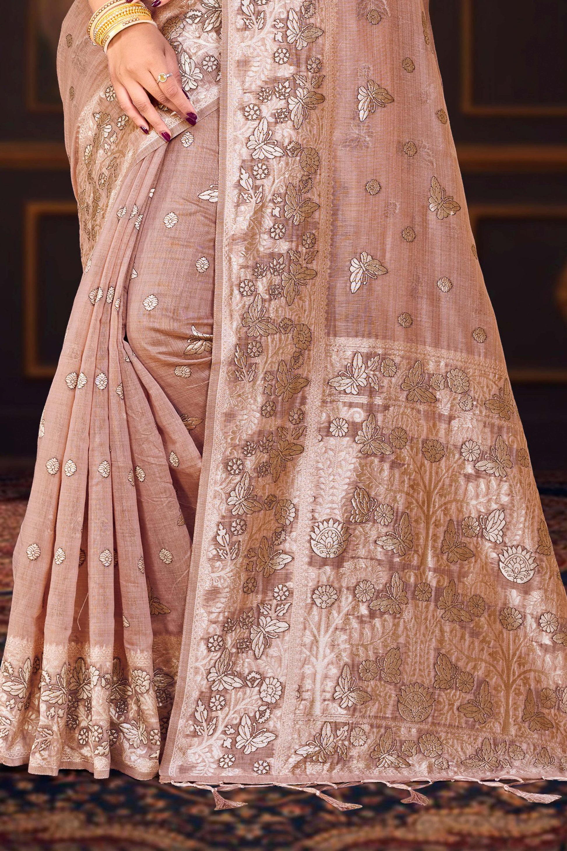 Sangam Prints Dusty Rose Cotton Blend Woven Work Traditional Saree