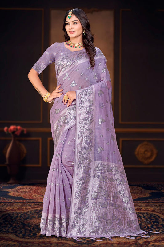 Sangam Prints Lavender Purple Cotton Blend Woven Work Traditional Saree