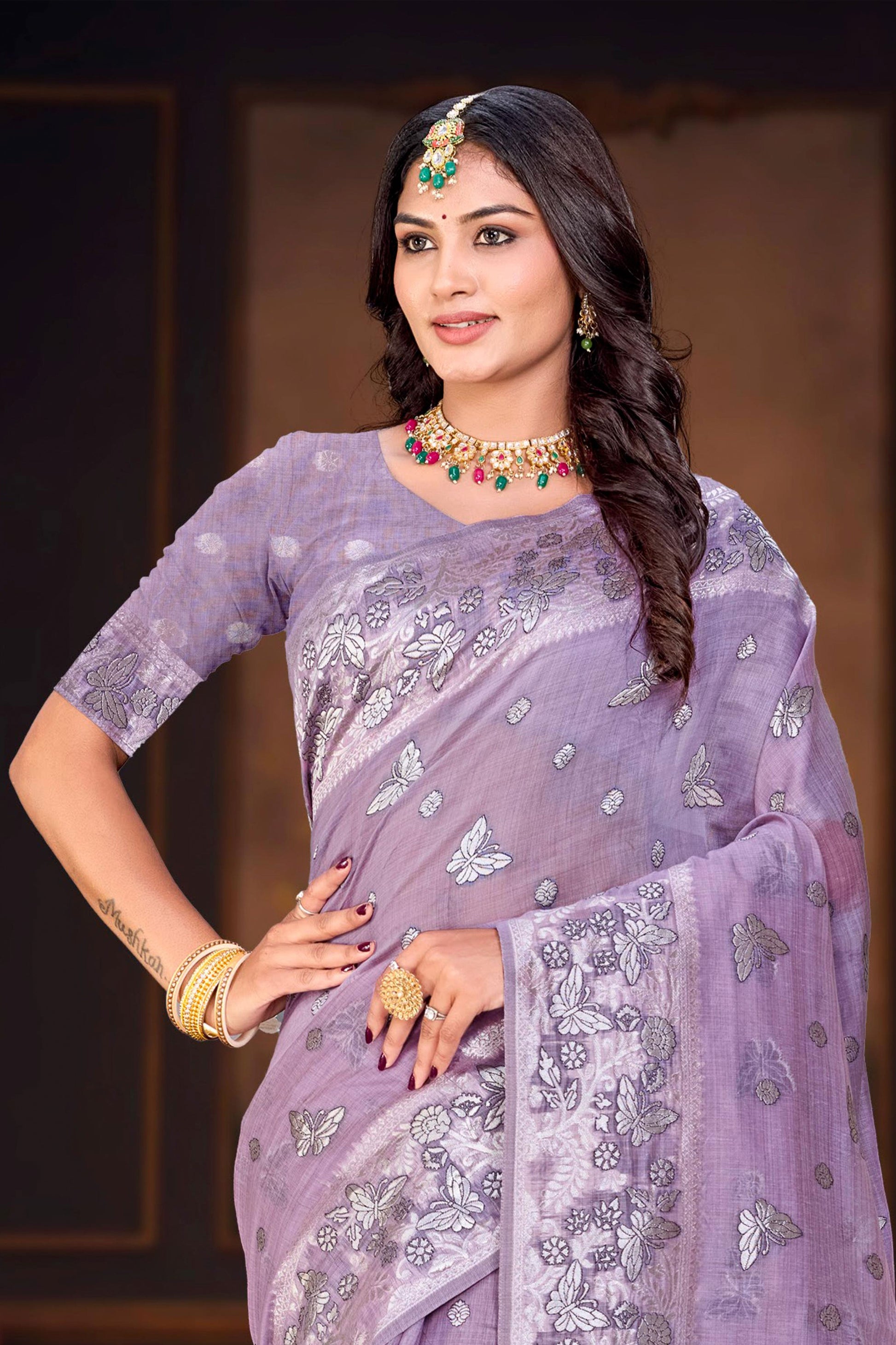 Sangam Prints Lavender Purple Cotton Blend Woven Work Traditional Saree