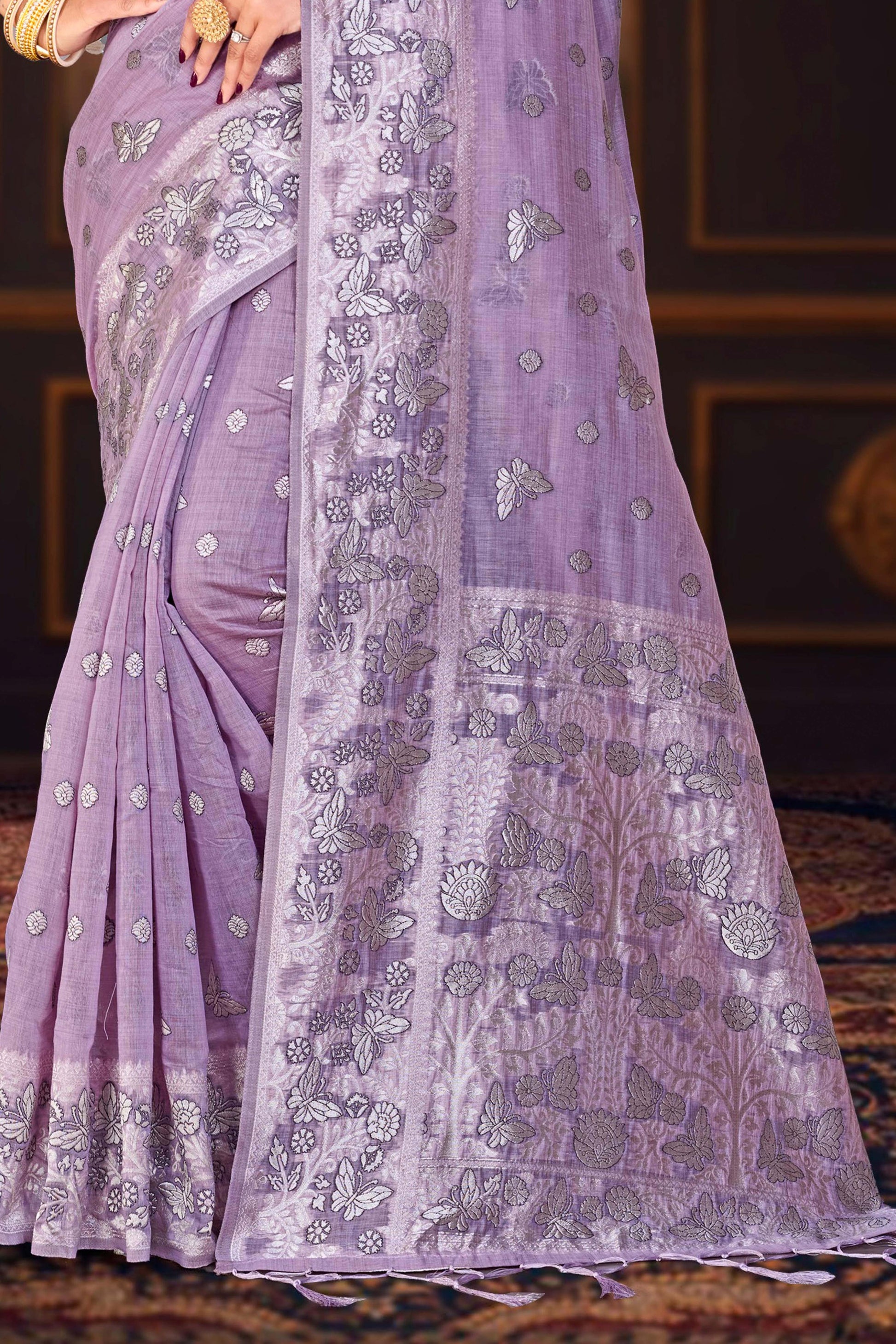 Sangam Prints Lavender Purple Cotton Blend Woven Work Traditional Saree