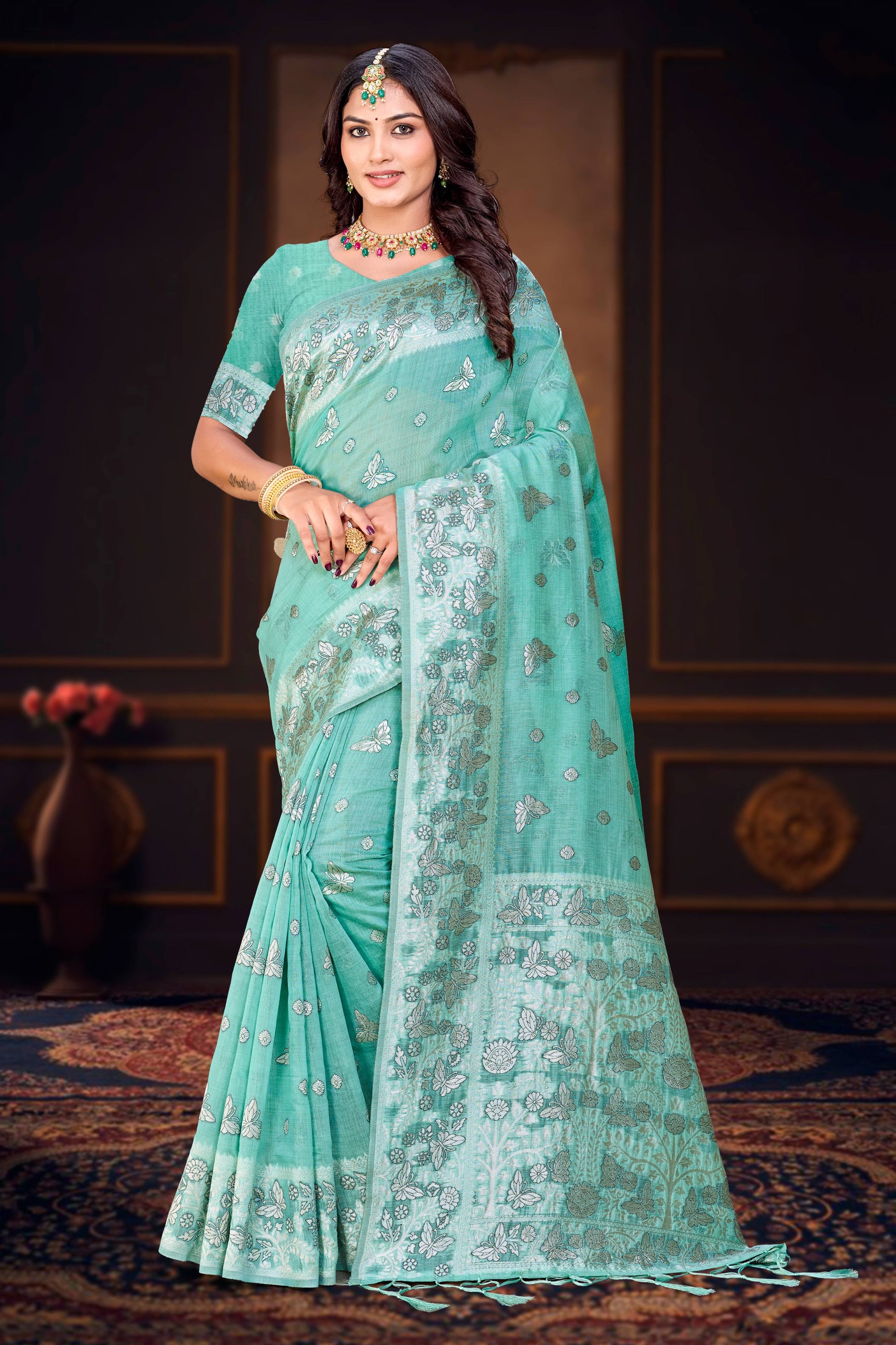 Sangam Prints Aqua Green Cotton Blend Woven Work Traditional Saree