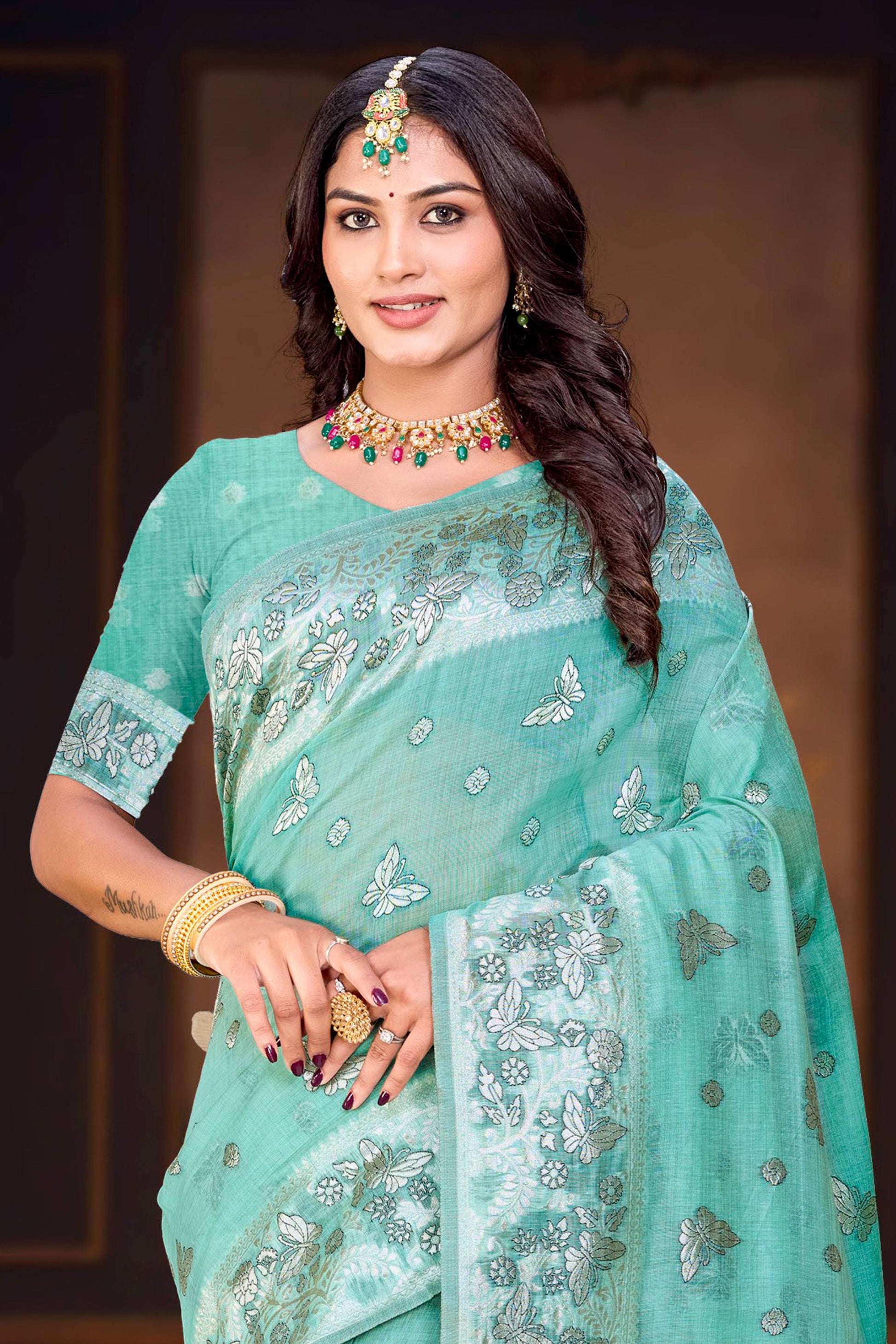 Sangam Prints Aqua Green Cotton Blend Woven Work Traditional Saree