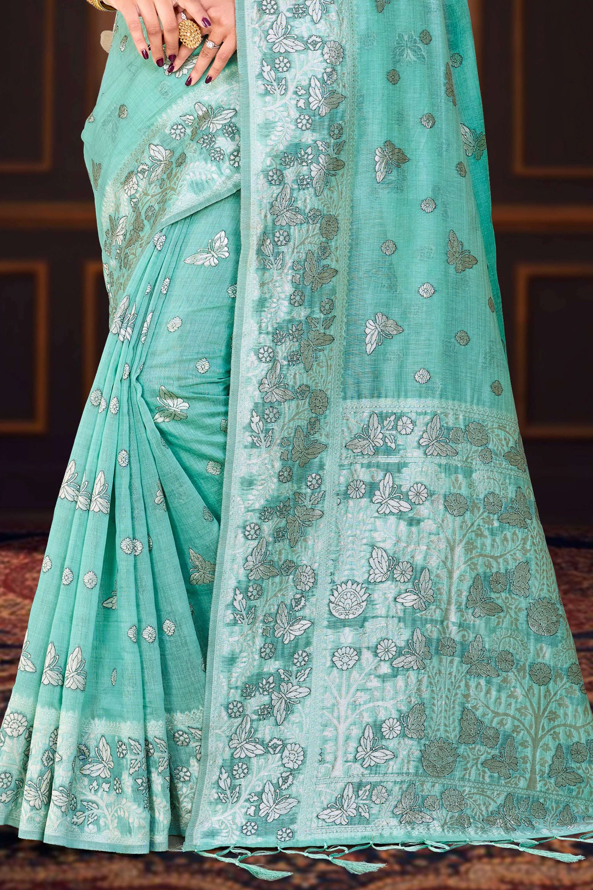Sangam Prints Aqua Green Cotton Blend Woven Work Traditional Saree