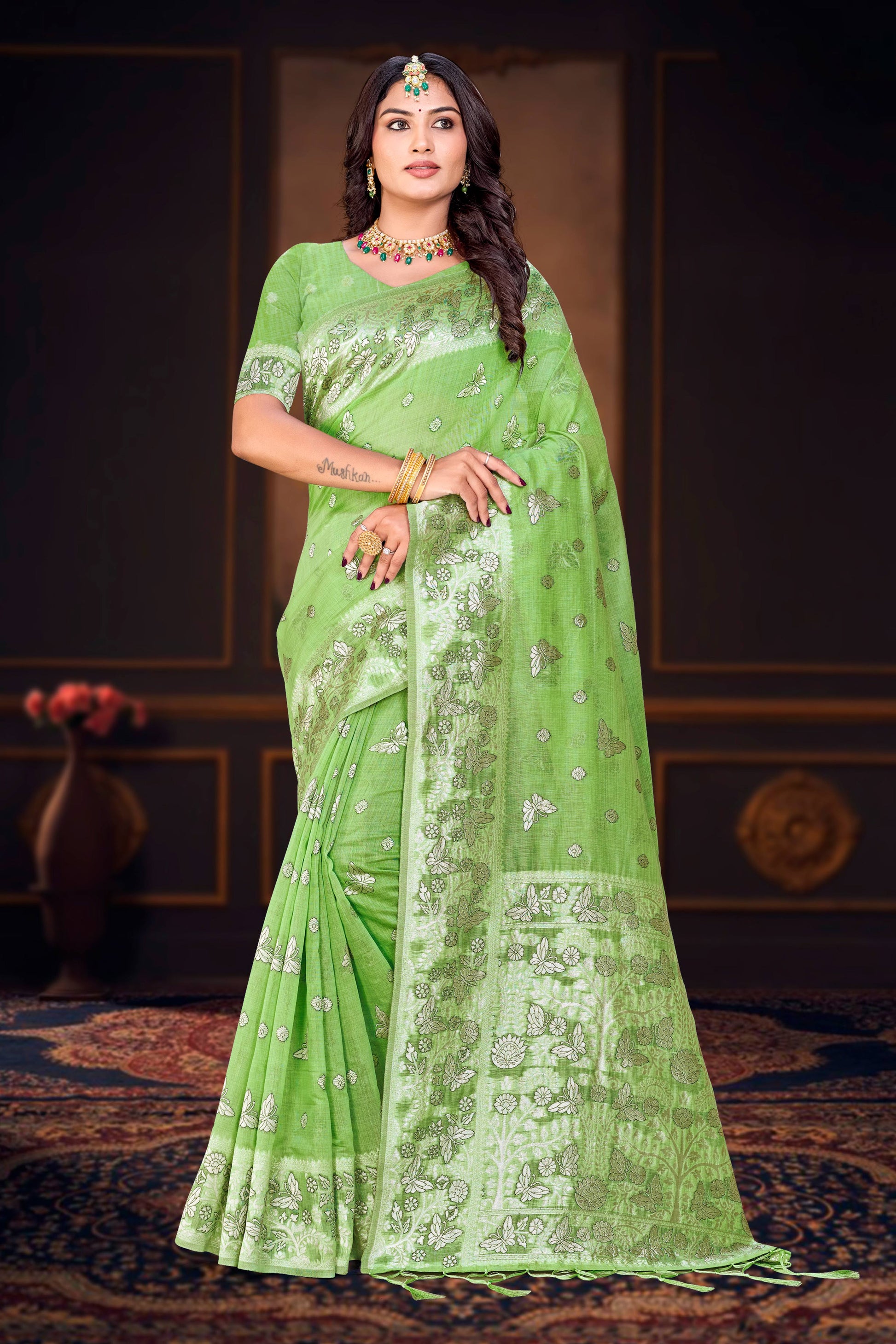 Sangam Prints Leaf Green Cotton Blend Woven Work Traditional Saree