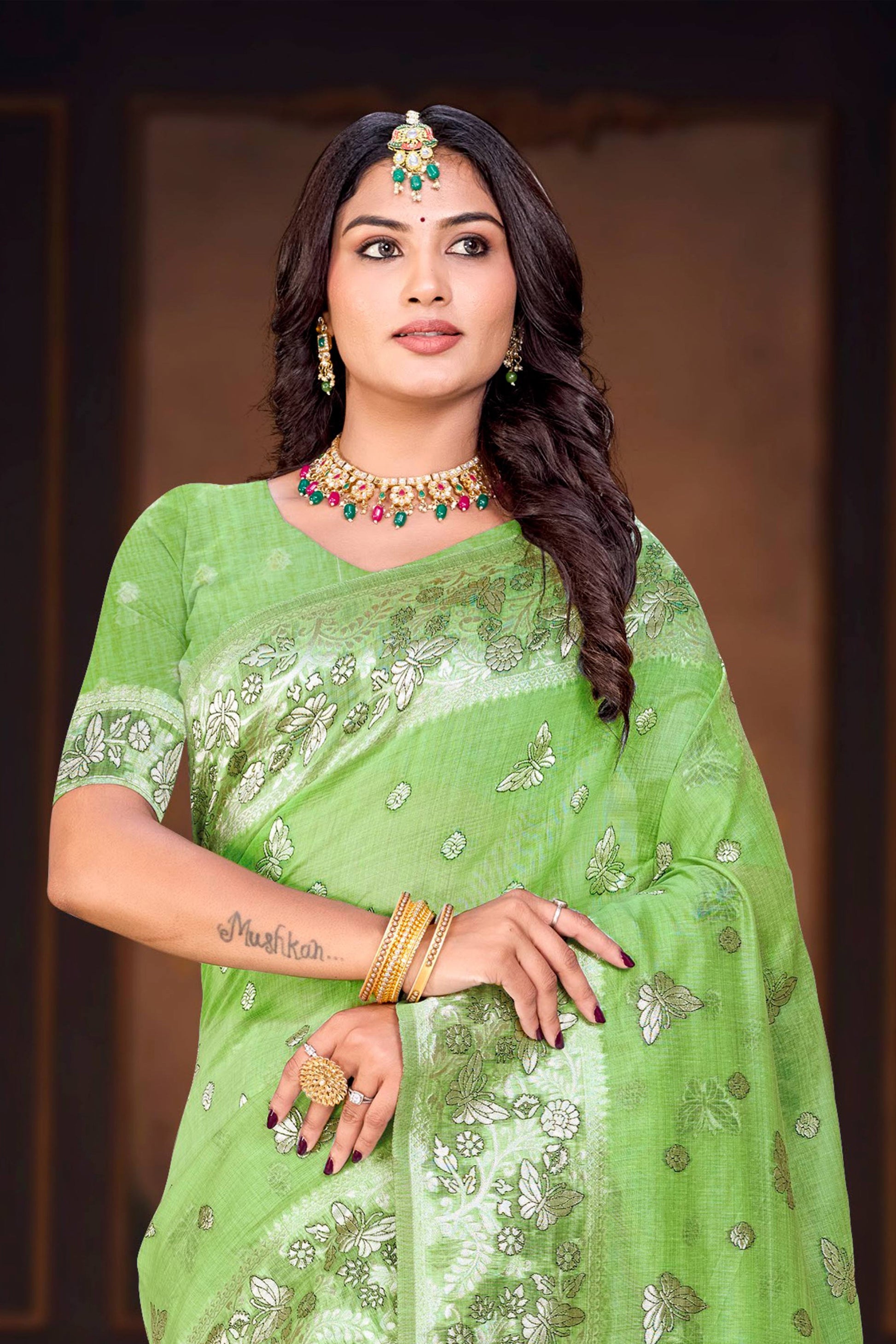 Sangam Prints Leaf Green Cotton Blend Woven Work Traditional Saree