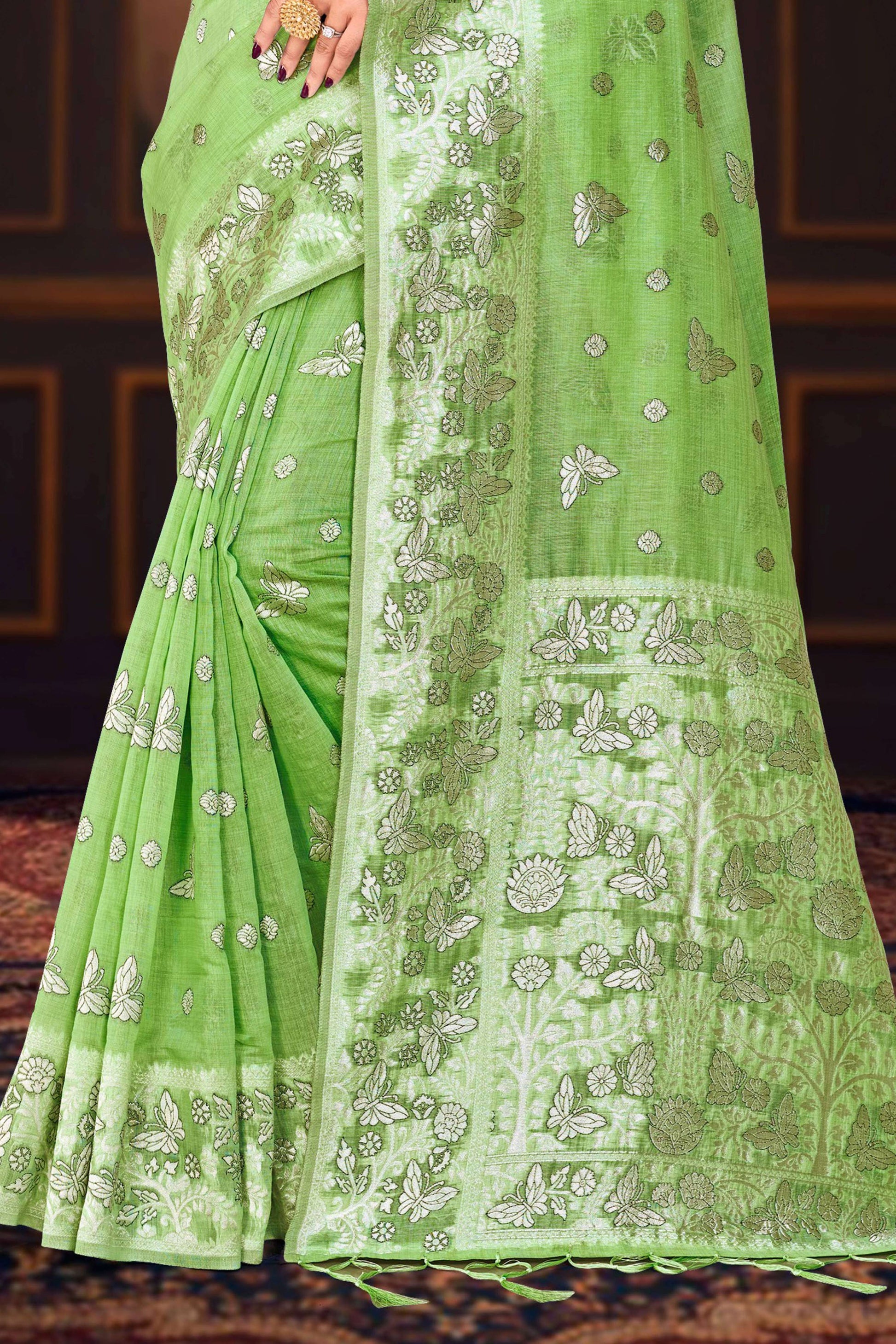 Sangam Prints Leaf Green Cotton Blend Woven Work Traditional Saree