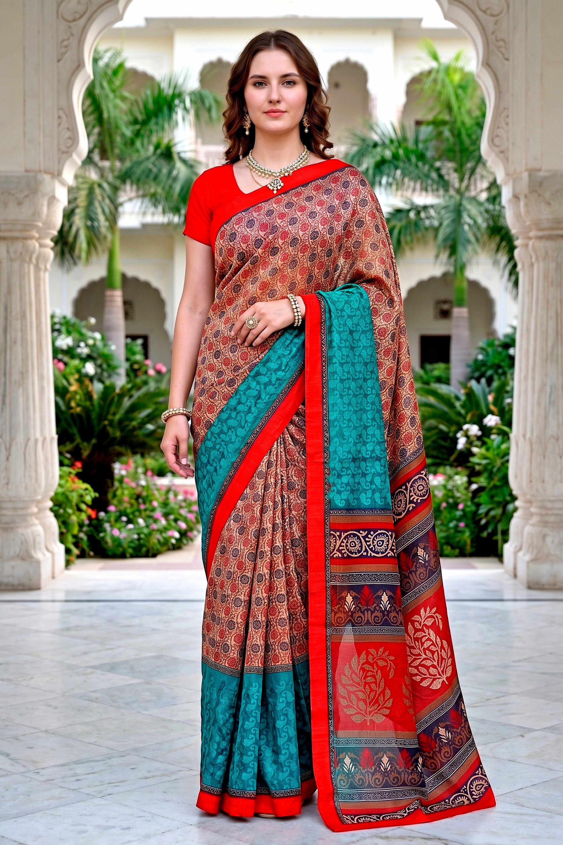 Sangam Prints Beige Teal Red Cotton Blend Woven Work Traditional Saree