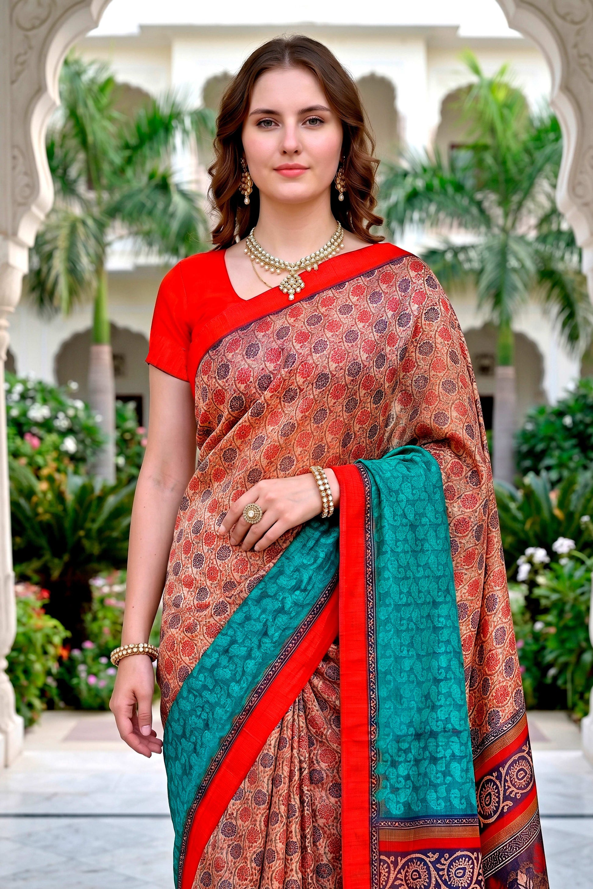 Sangam Prints Beige Teal Red Cotton Blend Woven Work Traditional Saree