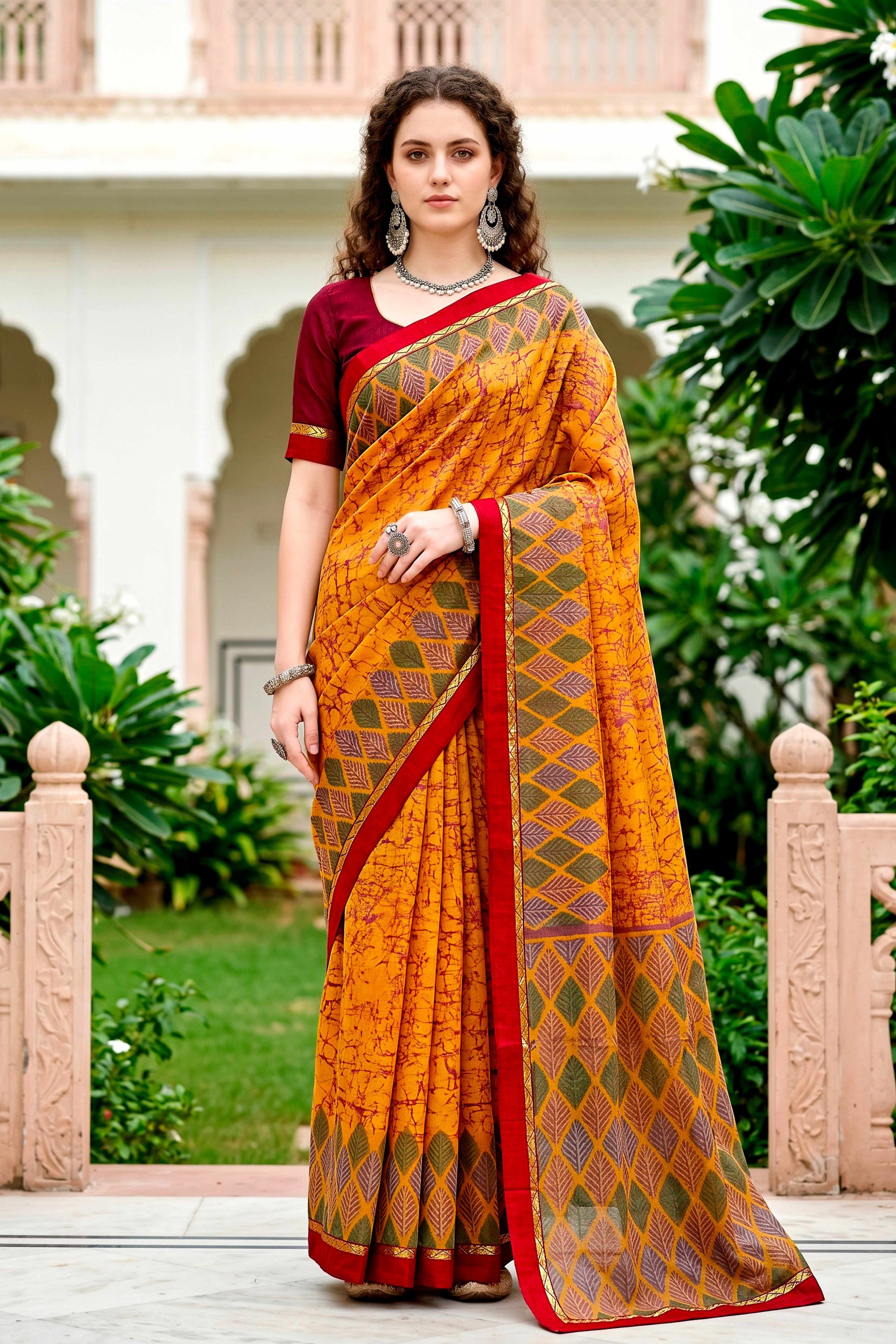 Sangam Prints Mustard Yellow Cotton Blend Woven Work Traditional Saree