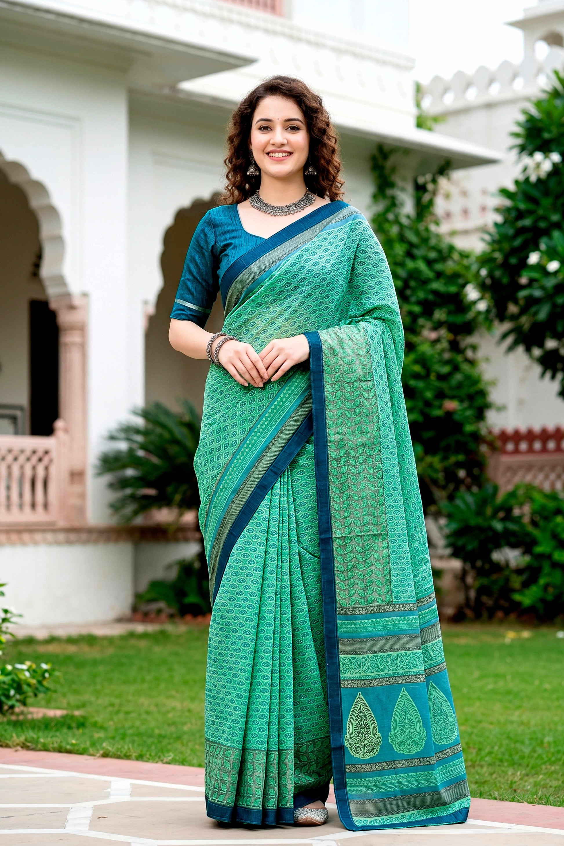 Sangam Prints Mint Green Cotton Blend Woven Work Traditional Saree