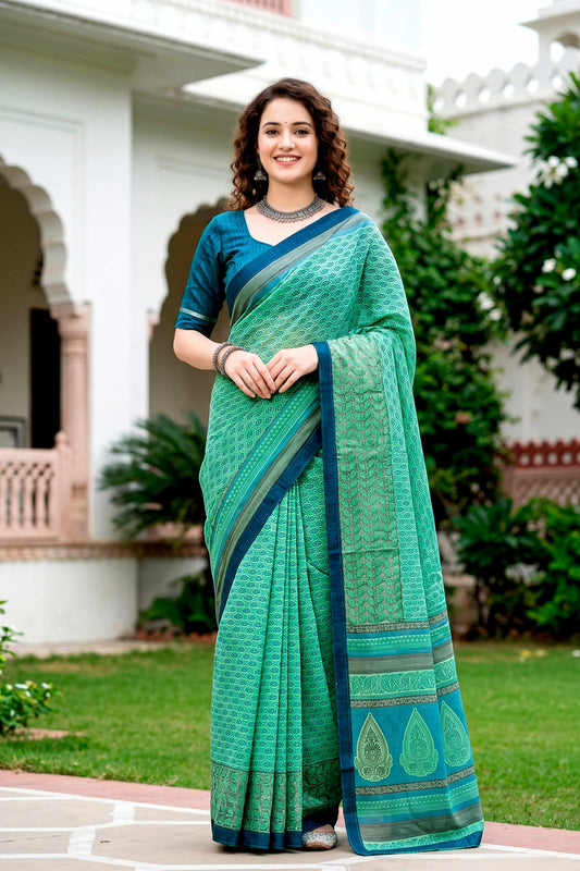 Sangam Prints Mint Green Cotton Blend Woven Work Traditional Saree