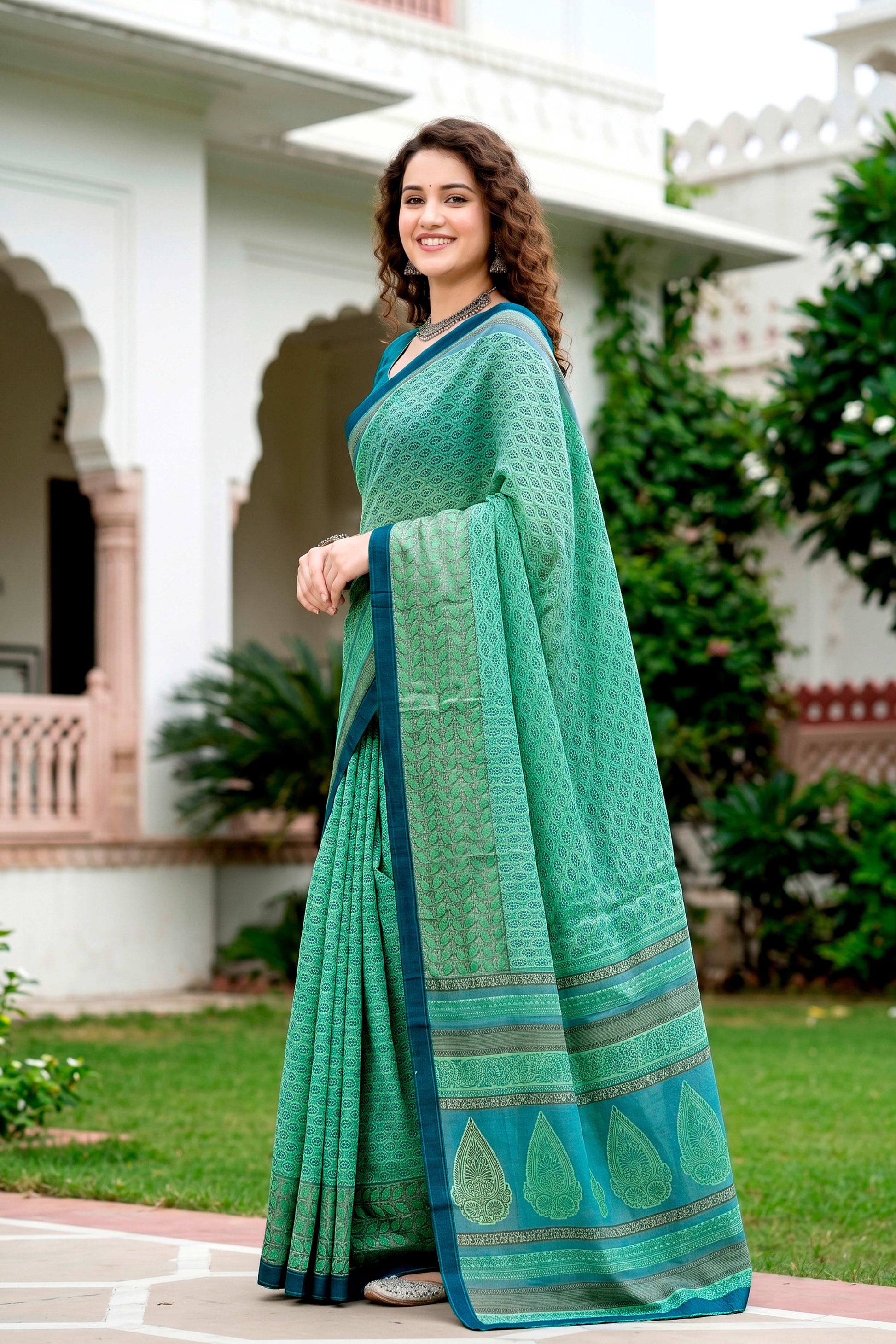 Sangam Prints Mint Green Cotton Blend Woven Work Traditional Saree