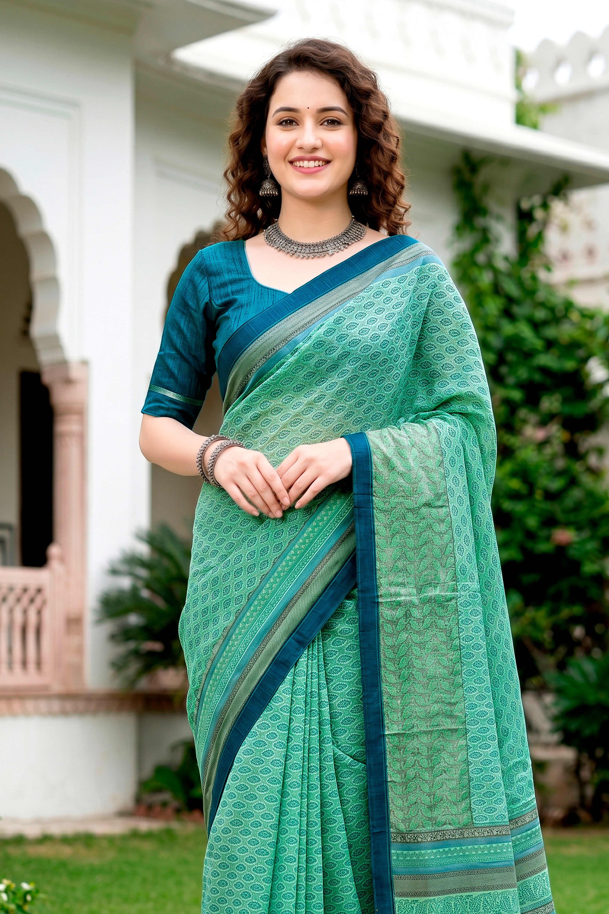 Sangam Prints Mint Green Cotton Blend Woven Work Traditional Saree