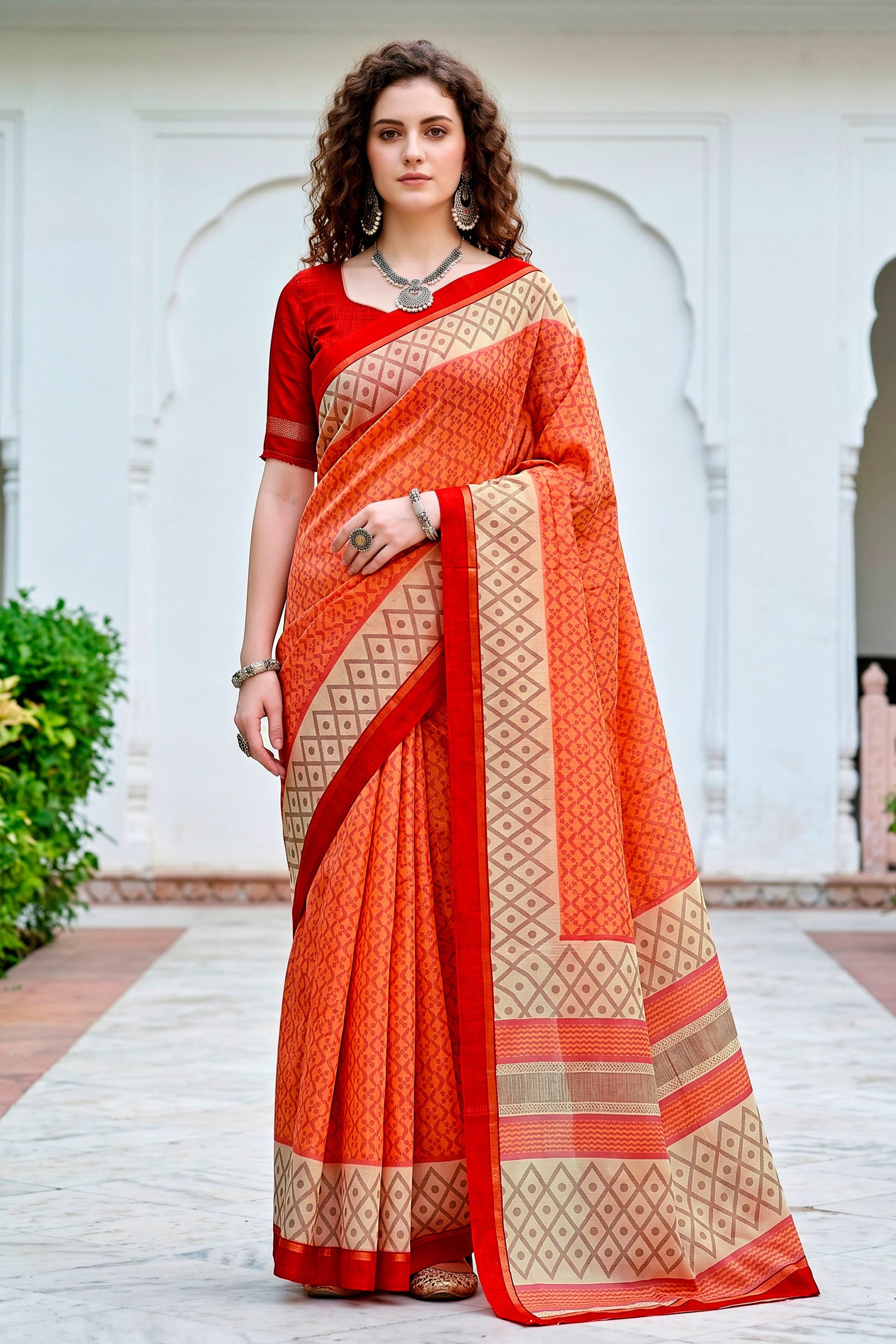 Sangam Prints Bright Orange Cotton Blend Woven Work Traditional Saree