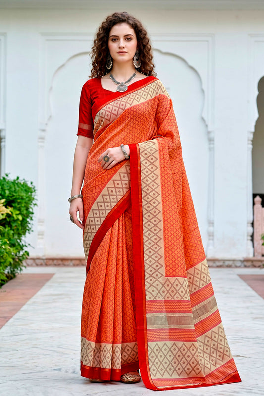Sangam Prints Bright Orange Cotton Blend Woven Work Traditional Saree