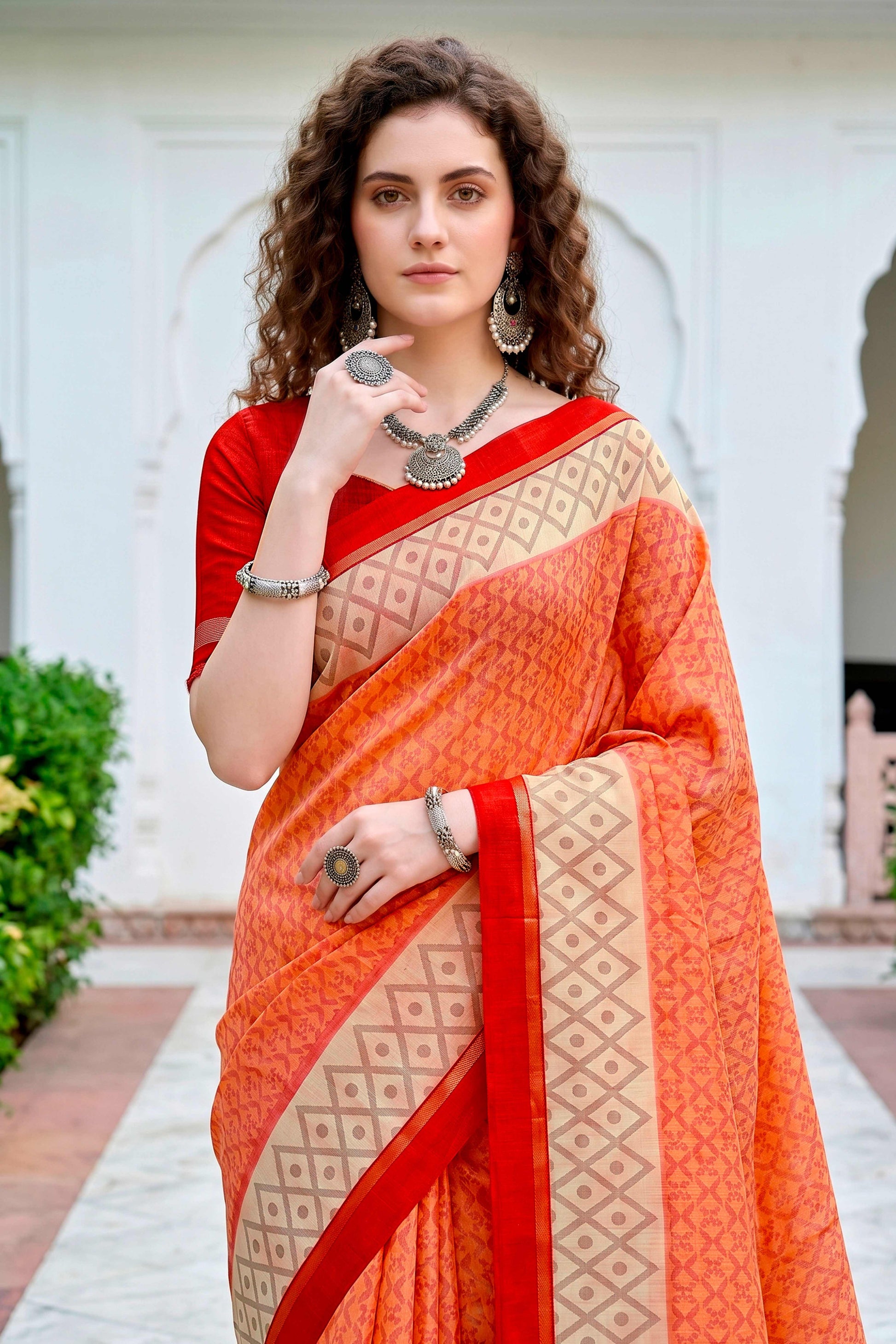 Sangam Prints Bright Orange Cotton Blend Woven Work Traditional Saree