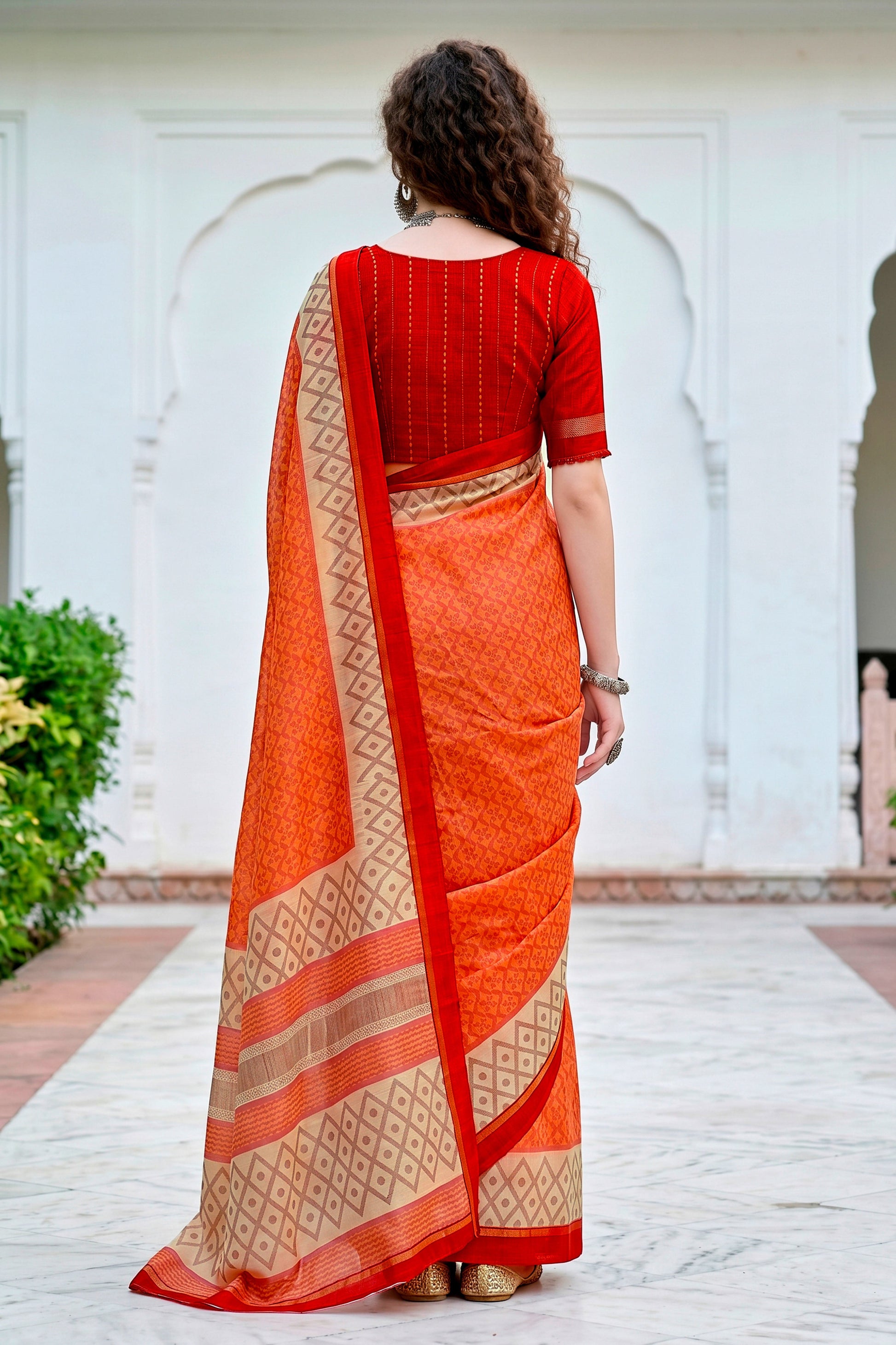 Sangam Prints Bright Orange Cotton Blend Woven Work Traditional Saree