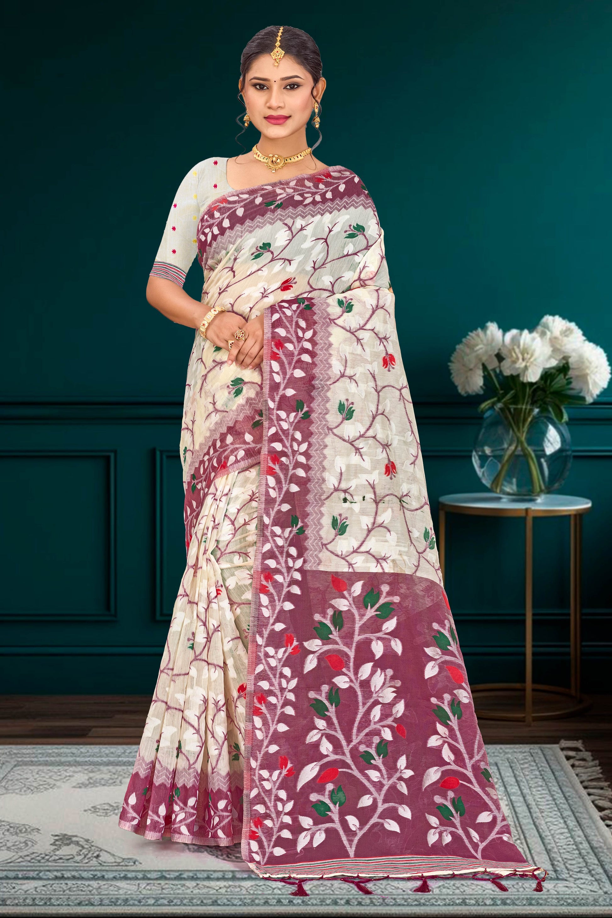 Sangam Prints Purple Cotton Blend Woven Work Traditional Saree