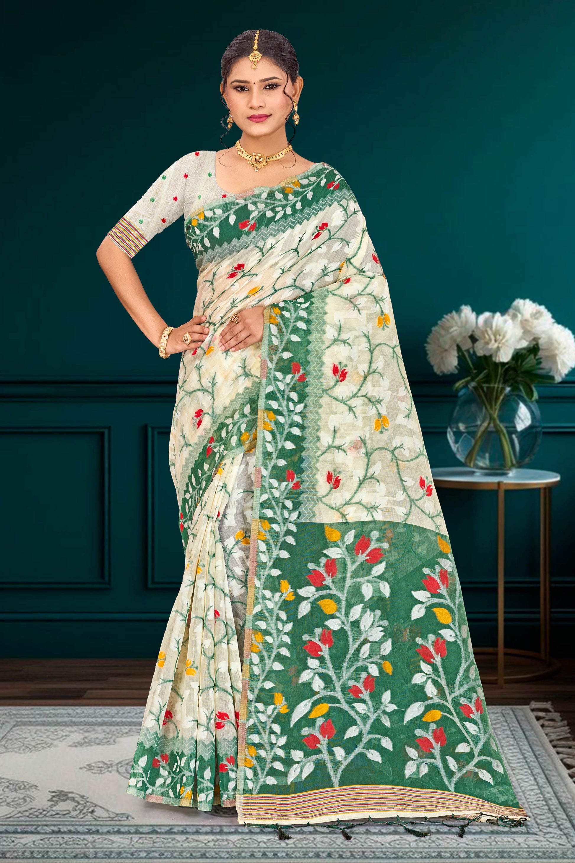 Sangam Prints Dark Green Cotton Blend Woven Work Traditional Saree