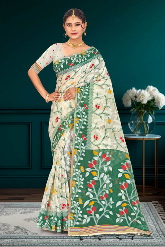 Sangam Prints Dark Green Cotton Blend Woven Work Traditional Saree