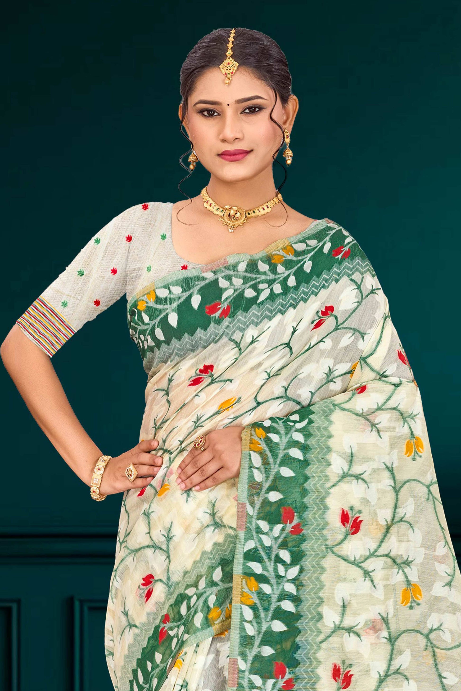 Sangam Prints Dark Green Cotton Blend Woven Work Traditional Saree