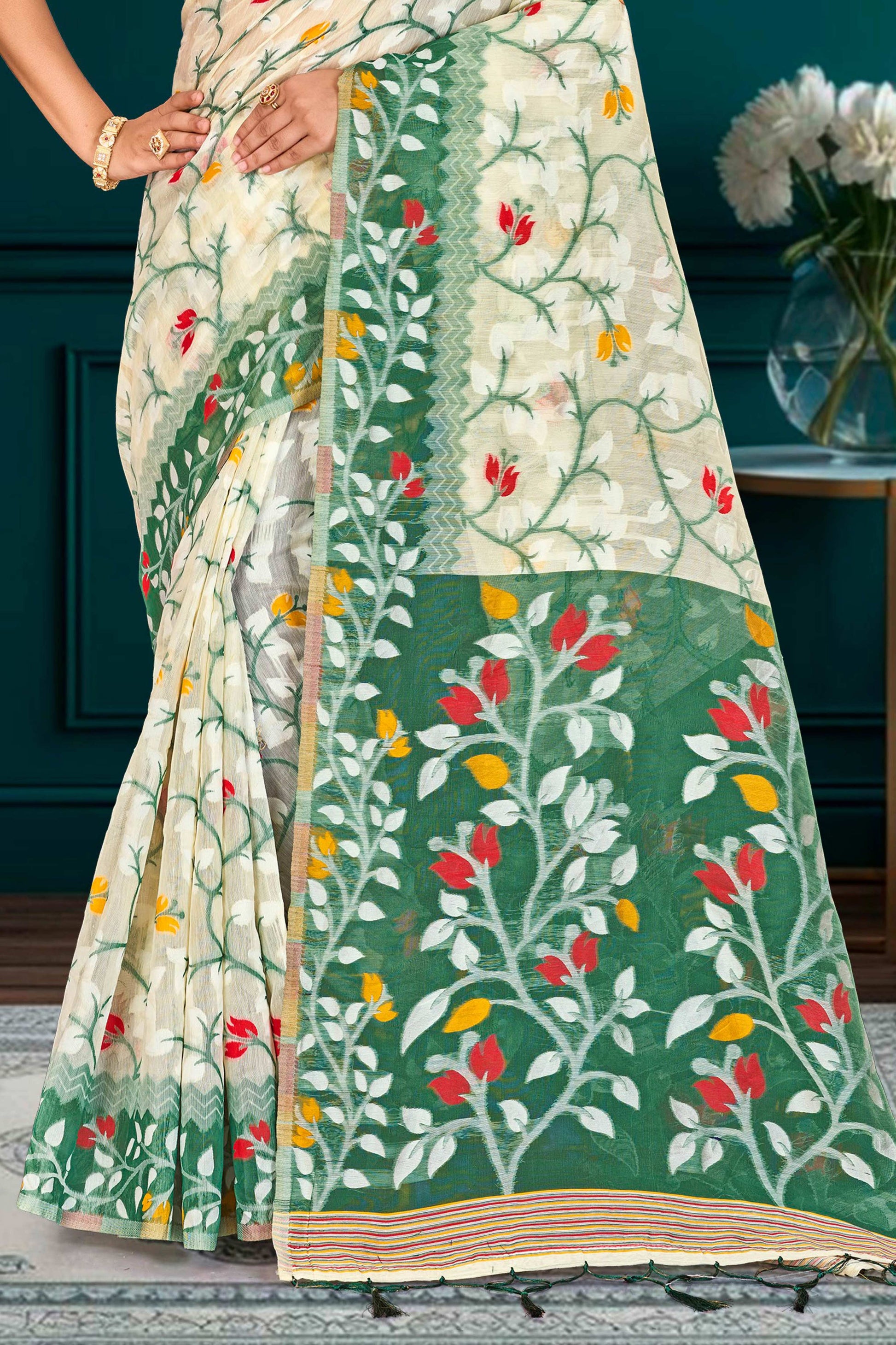 Sangam Prints Dark Green Cotton Blend Woven Work Traditional Saree